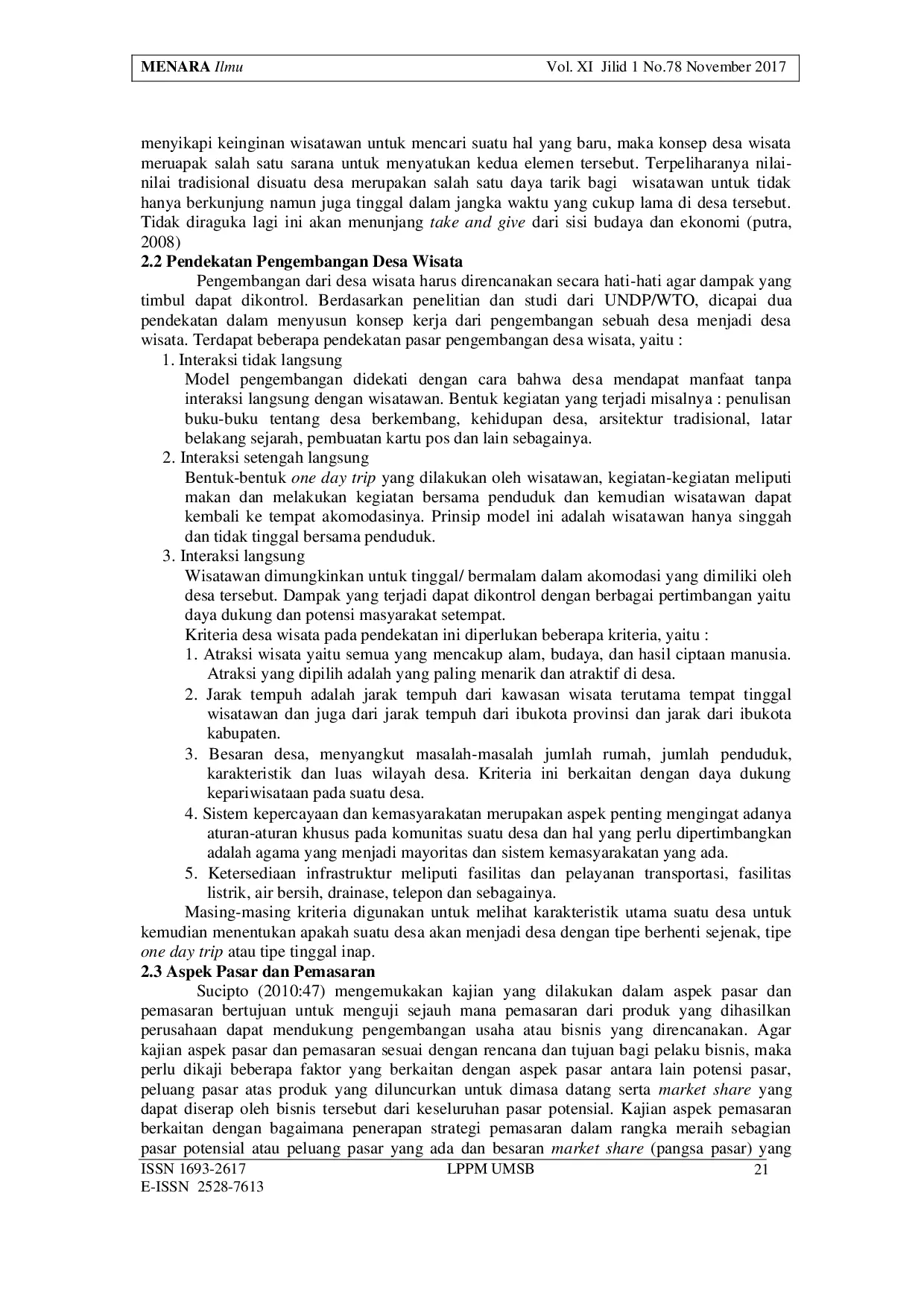 JURIS Kelayakan Tarusan Kamang Sebagai Desa Wisata Di Kabupaten Agam Analisa Aspek Pasar Dan Pemasaran