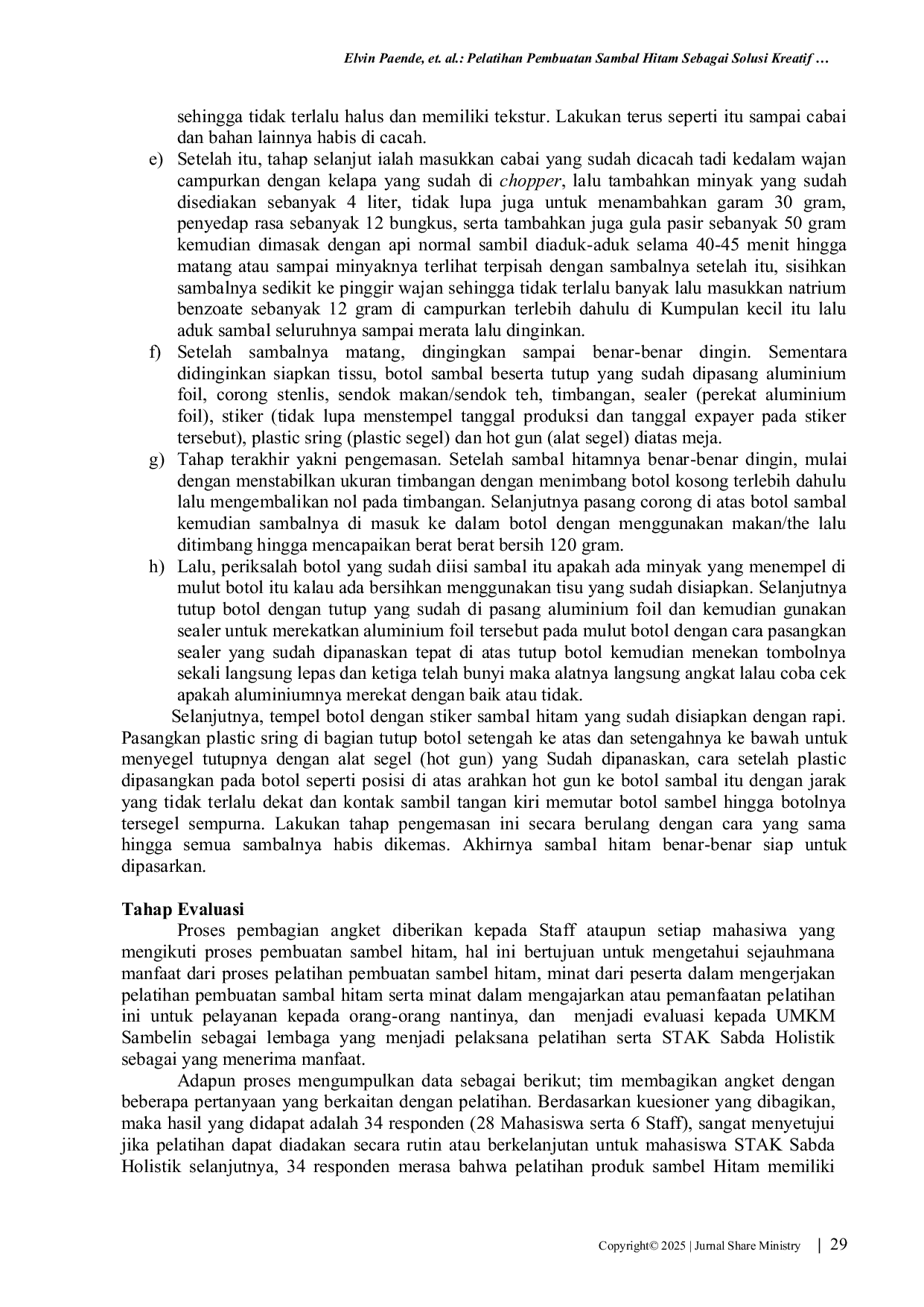 JURIS Pelatihan Pembuatan Sambal Hitam Sebagai Solusi Kreatif Penguatan Kewirausahaan Mahasiswa Sekolah Tinggi Agama Kristen Sabda Holistik