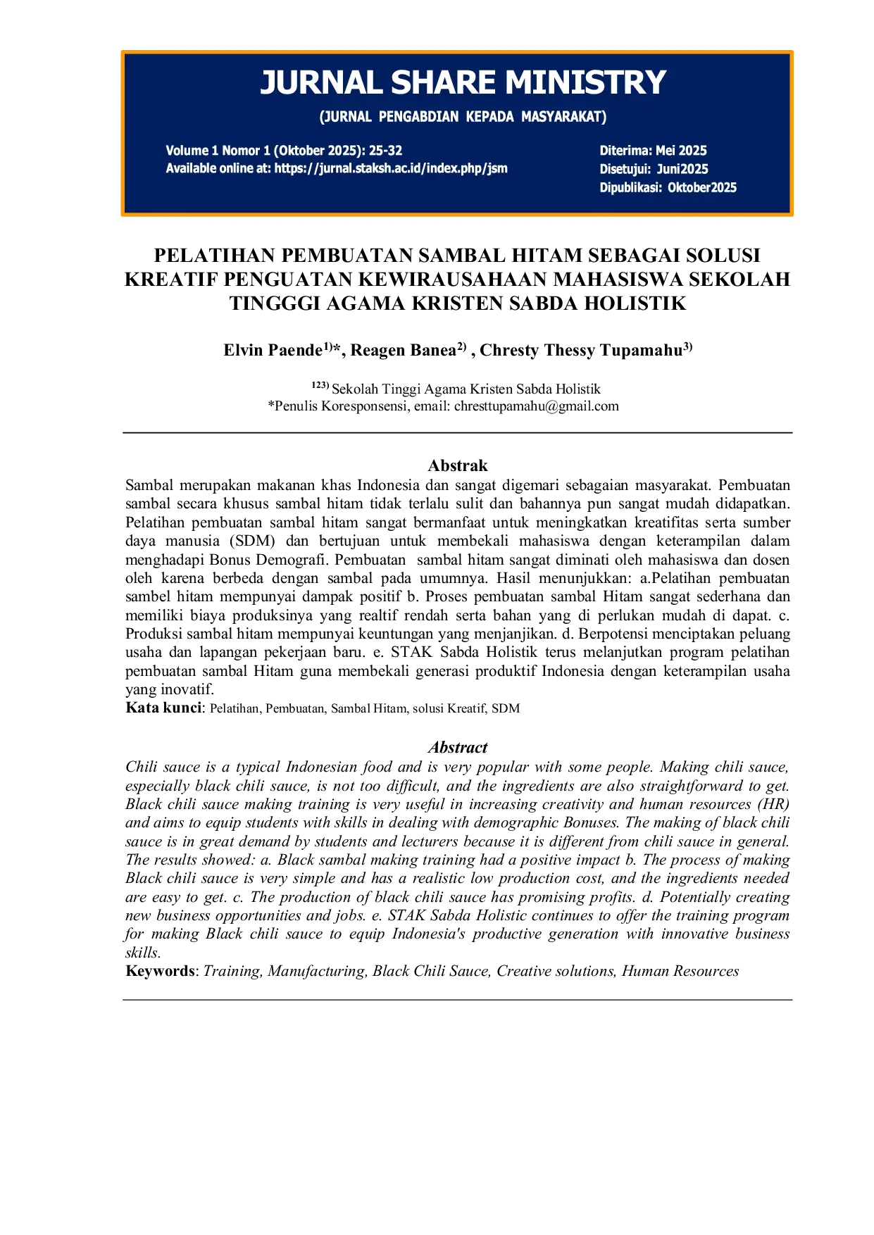 JURIS Pelatihan Pembuatan Sambal Hitam Sebagai Solusi Kreatif Penguatan Kewirausahaan Mahasiswa Sekolah Tinggi Agama Kristen Sabda Holistik