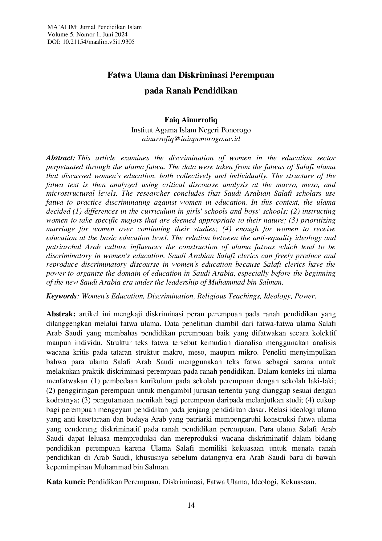 JURIS Fatwa Ulama dan Diskriminasi Perempuan pada Ranah Pendidikan