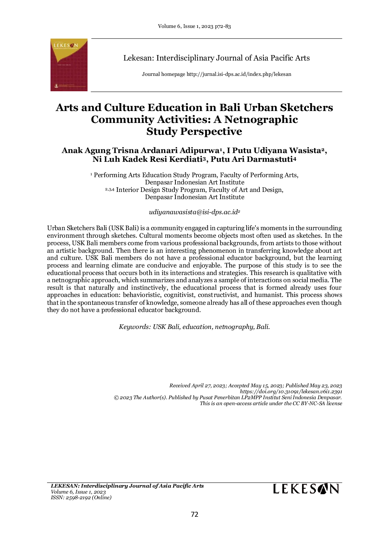 JURIS Arts and Culture Education in Bali Urban Sketchers Community Activities A Netnographic Study Perspective