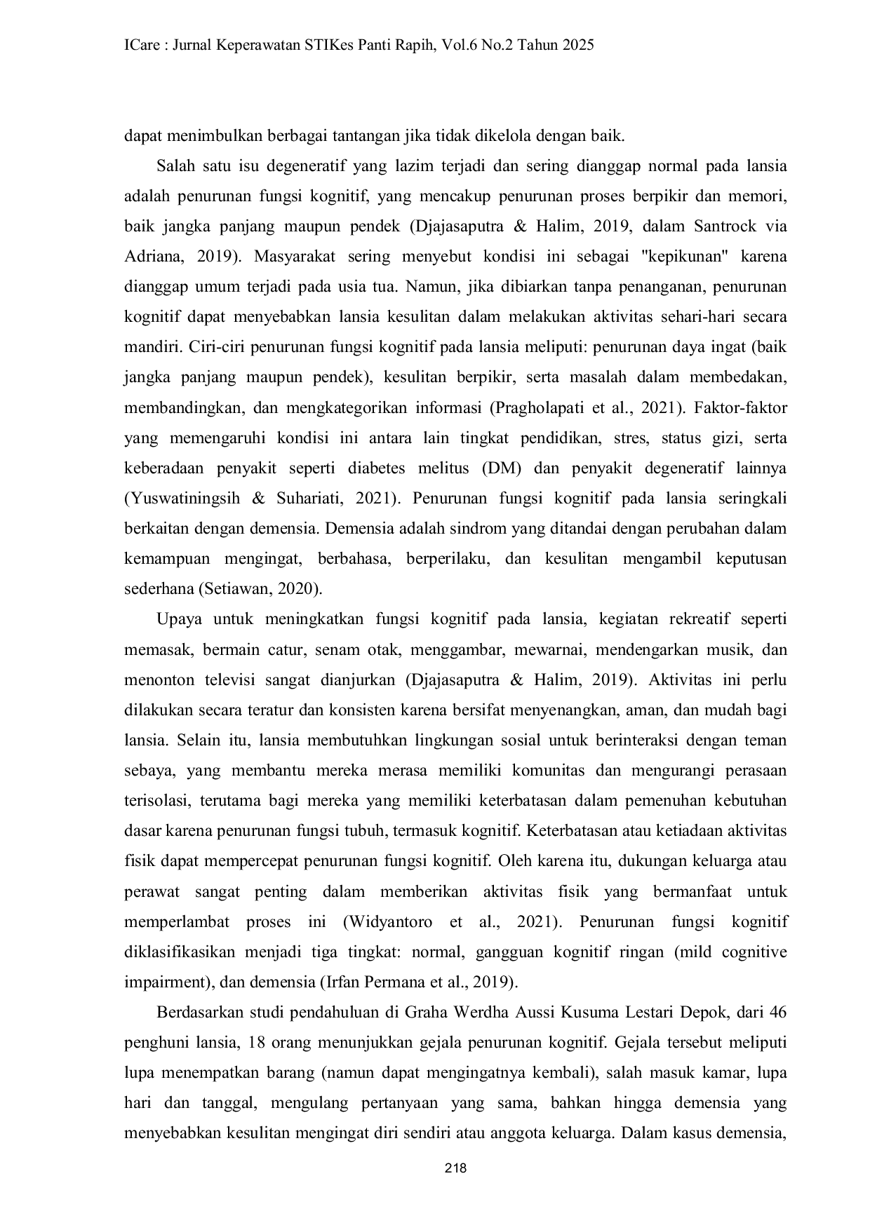 JURIS Pengaruh Kegiatan Rekreatif Senam Lansia Terhadap Peningkatan Kemampuan Fungsi Kognitif Pada Lansia dengan Demensia di Graha Werdha Aussi Kusuma Lestari Depok