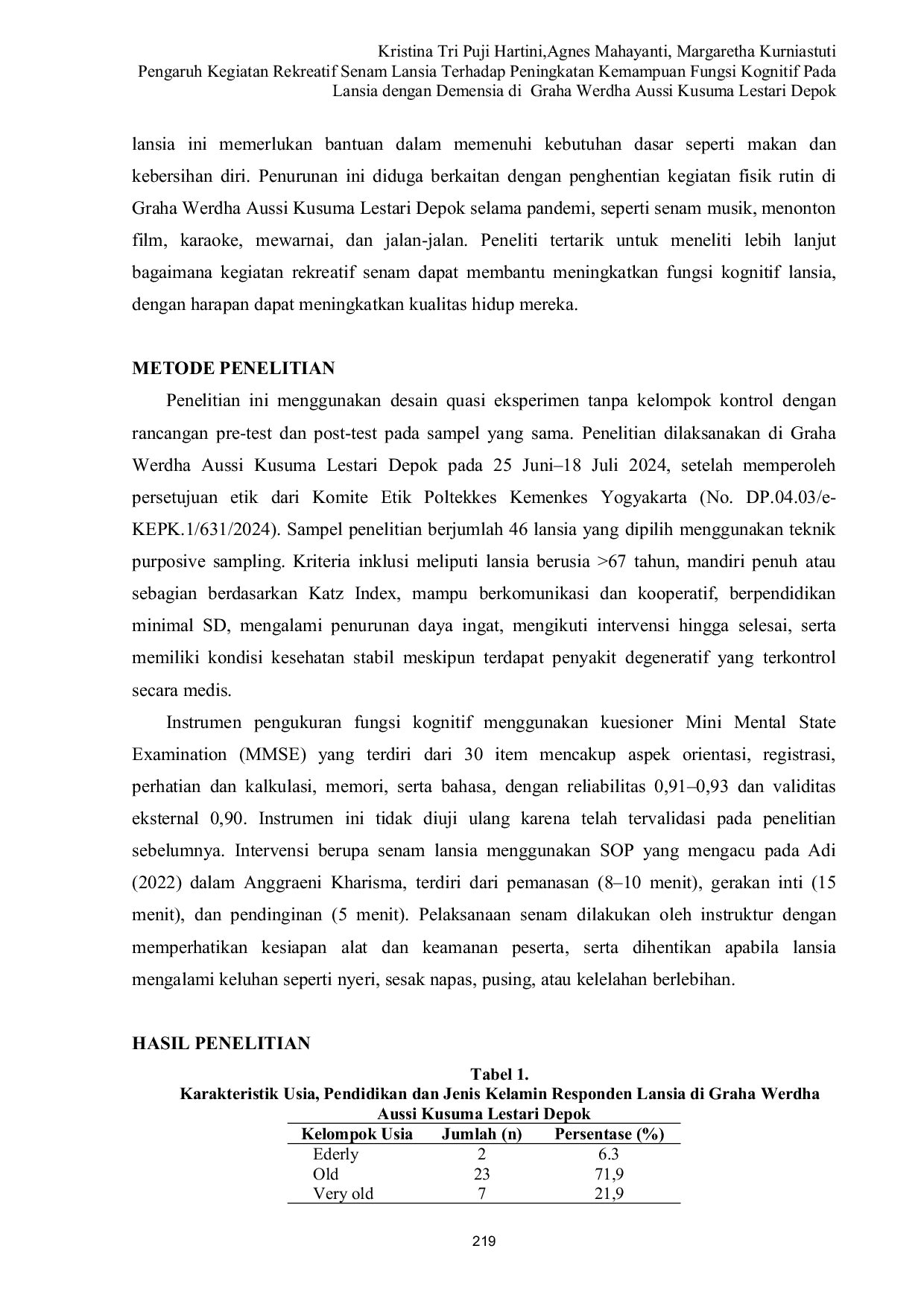 JURIS Pengaruh Kegiatan Rekreatif Senam Lansia Terhadap Peningkatan Kemampuan Fungsi Kognitif Pada Lansia dengan Demensia di Graha Werdha Aussi Kusuma Lestari Depok