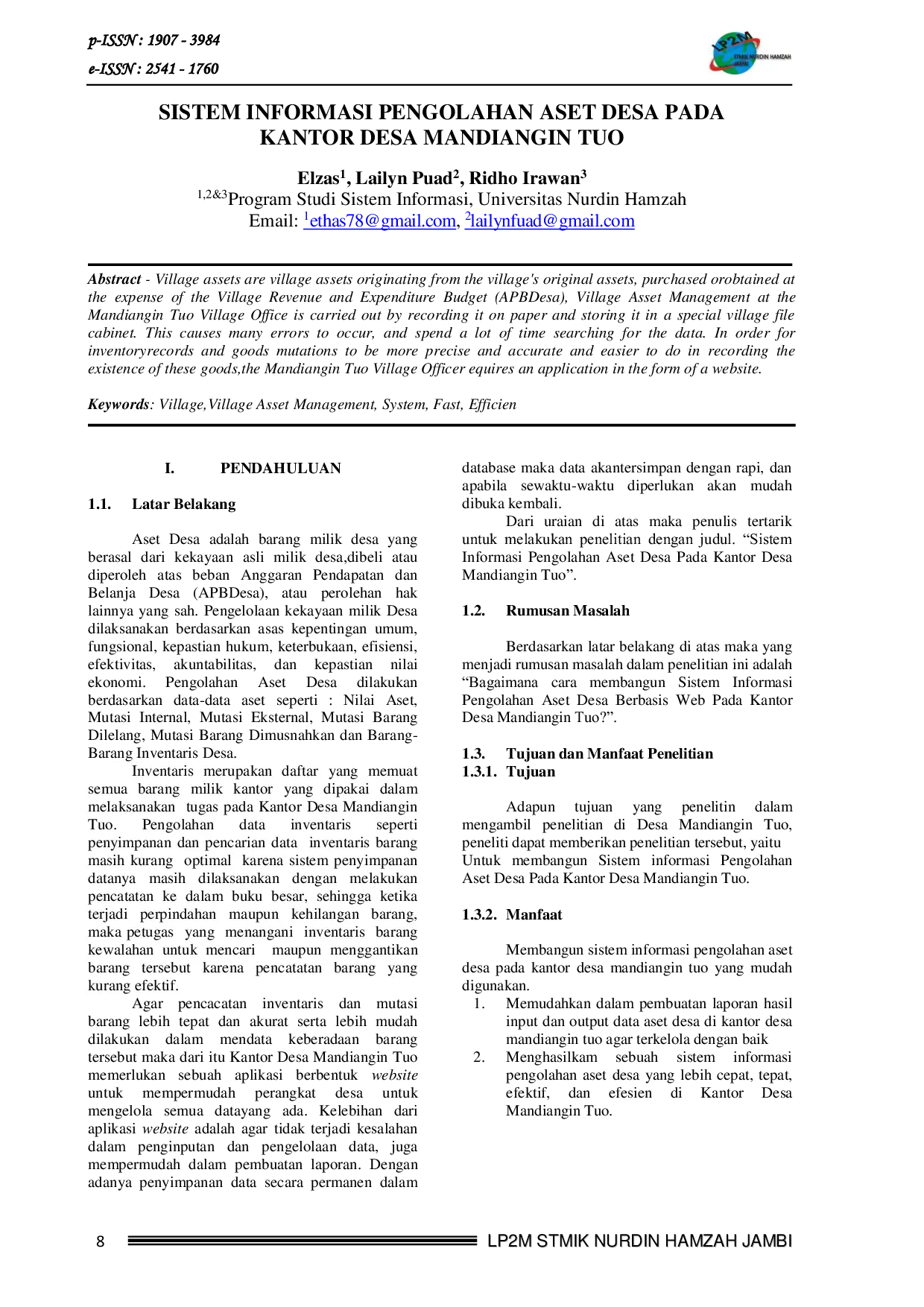 JURIS SISTEM INFORMASI PENGOLAHAN ASET DESA PADA KANTOR DESA MANDIANGIN TUO Village Village Asset Management System Fast Efficien