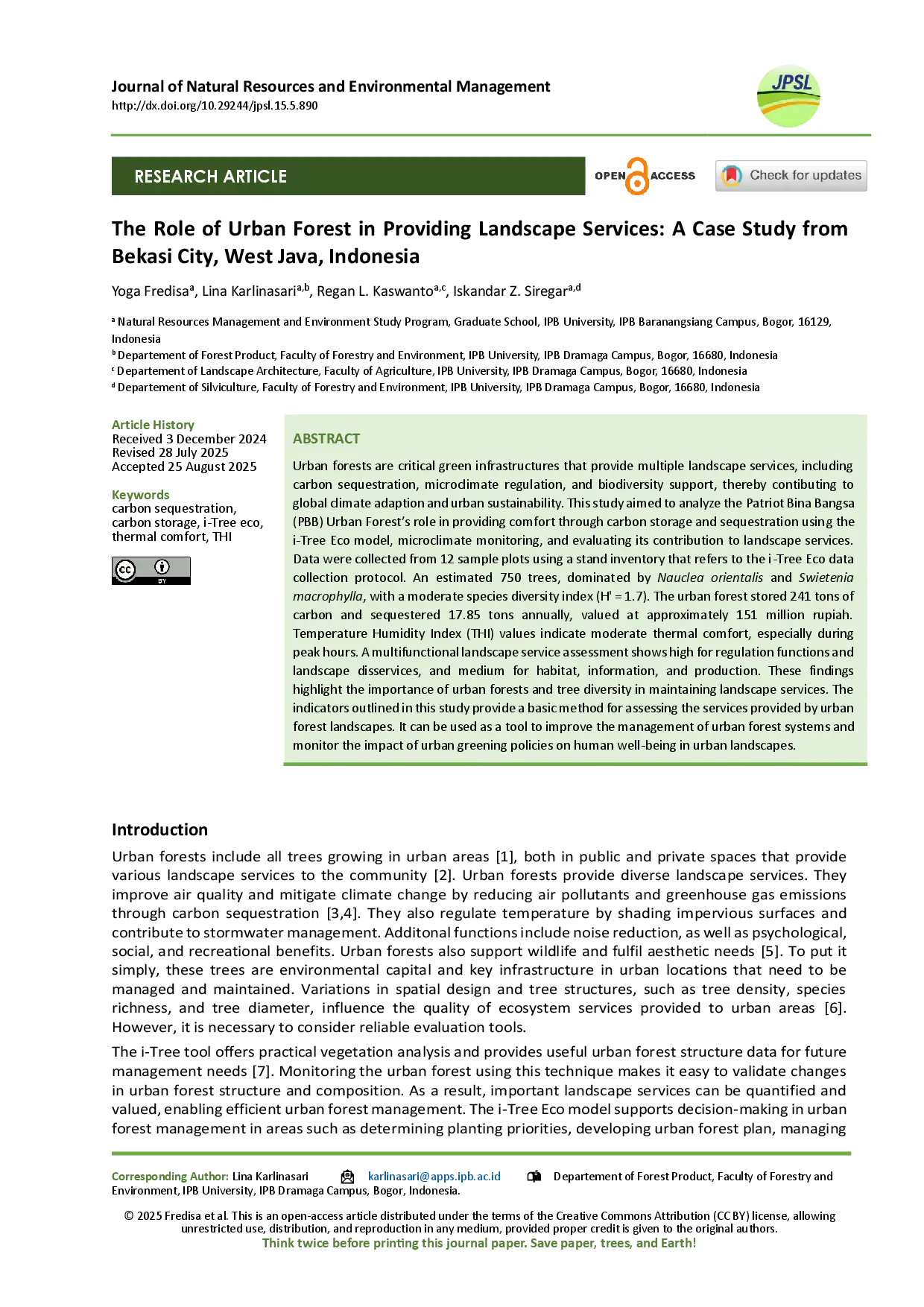 juris The Role of Urban Forest in Providing Landscape Services A Case Study from Bekasi City West Java Indonesia