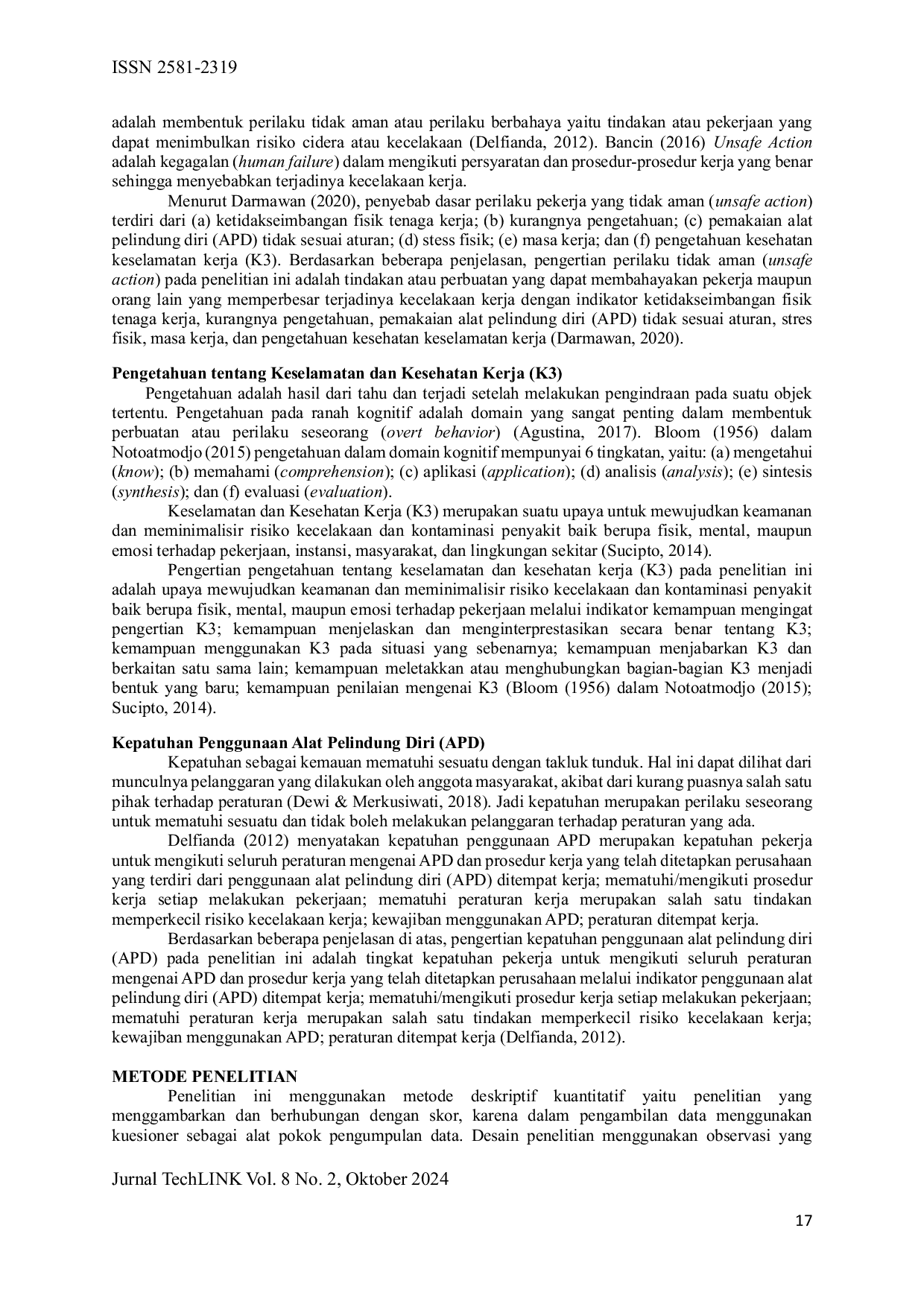 JURIS Faktor Faktor yang Berhubungan dengan Perilaku Tidak Aman Unsafe Action pada Pekerja Workshop PT Maju Selaras Instrumindo