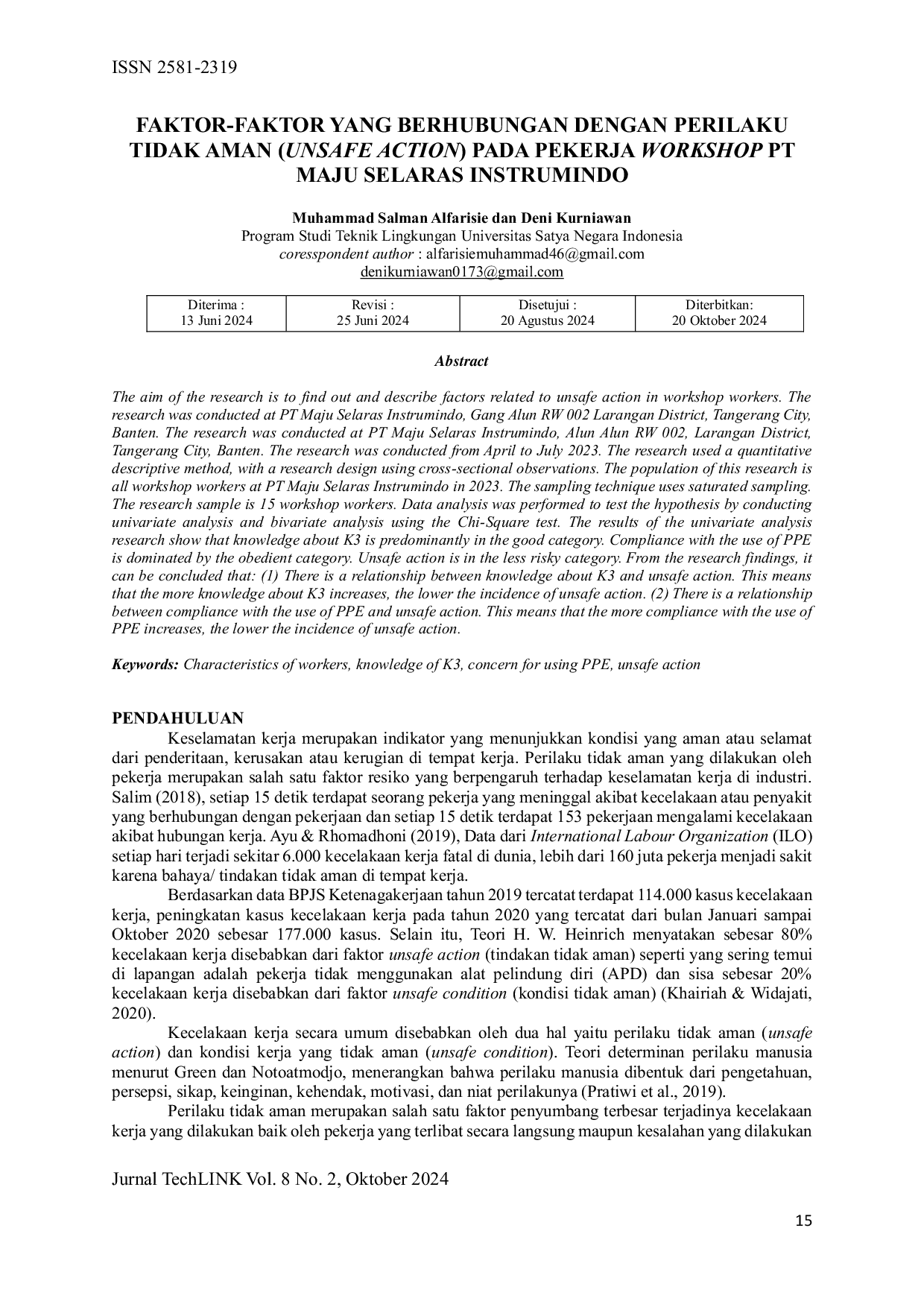 JURIS Faktor Faktor yang Berhubungan dengan Perilaku Tidak Aman Unsafe Action pada Pekerja Workshop PT Maju Selaras Instrumindo