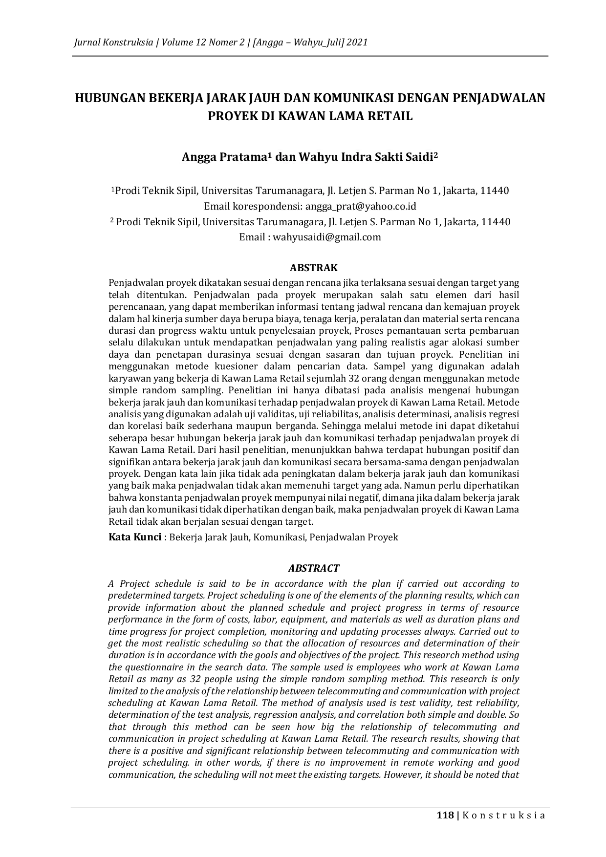 JURIS Hubungan Bekerja Jarak Jauh Dan Komunikasi Dengan Penjadwalan Proyek Di Kawan Lama Retail