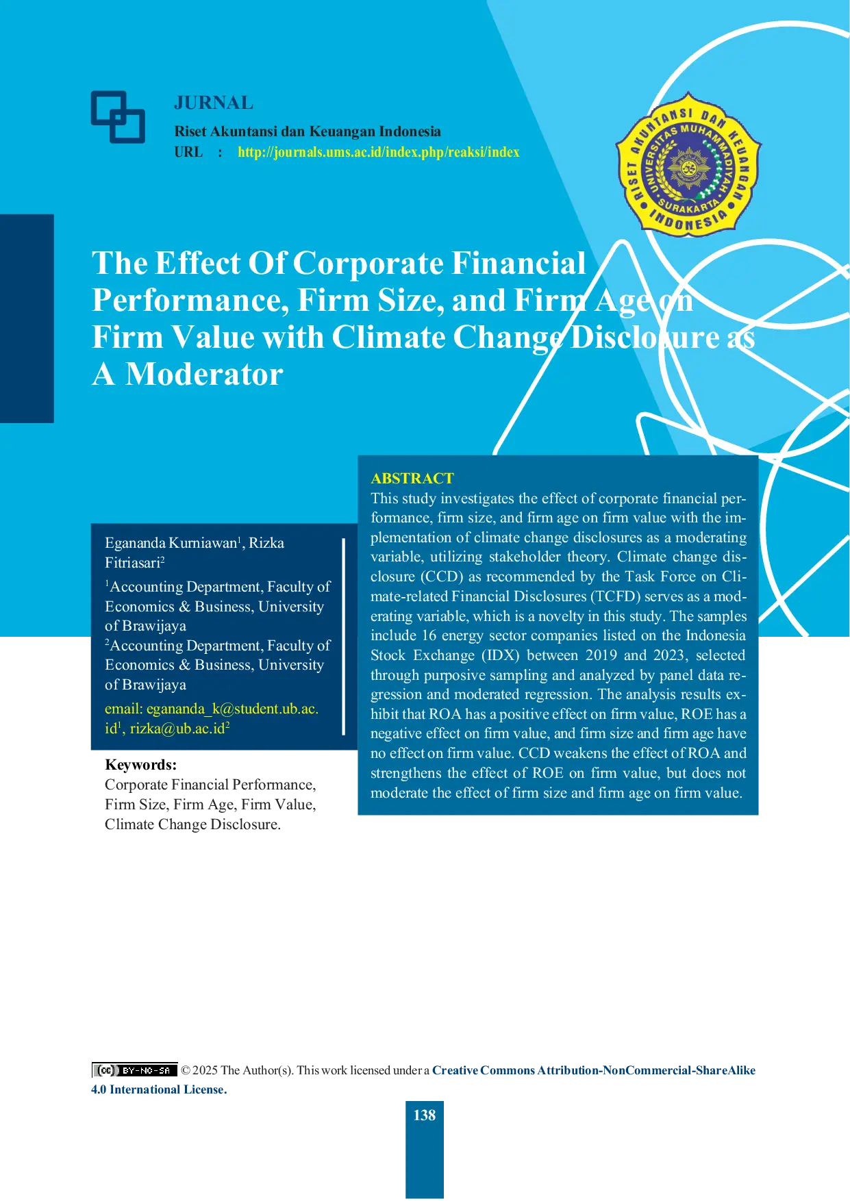 JURIS The Effect of Corporate Financial Performance Firm Size and Firm Age on Firm Value with Climate Change Disclosure as a Moderator