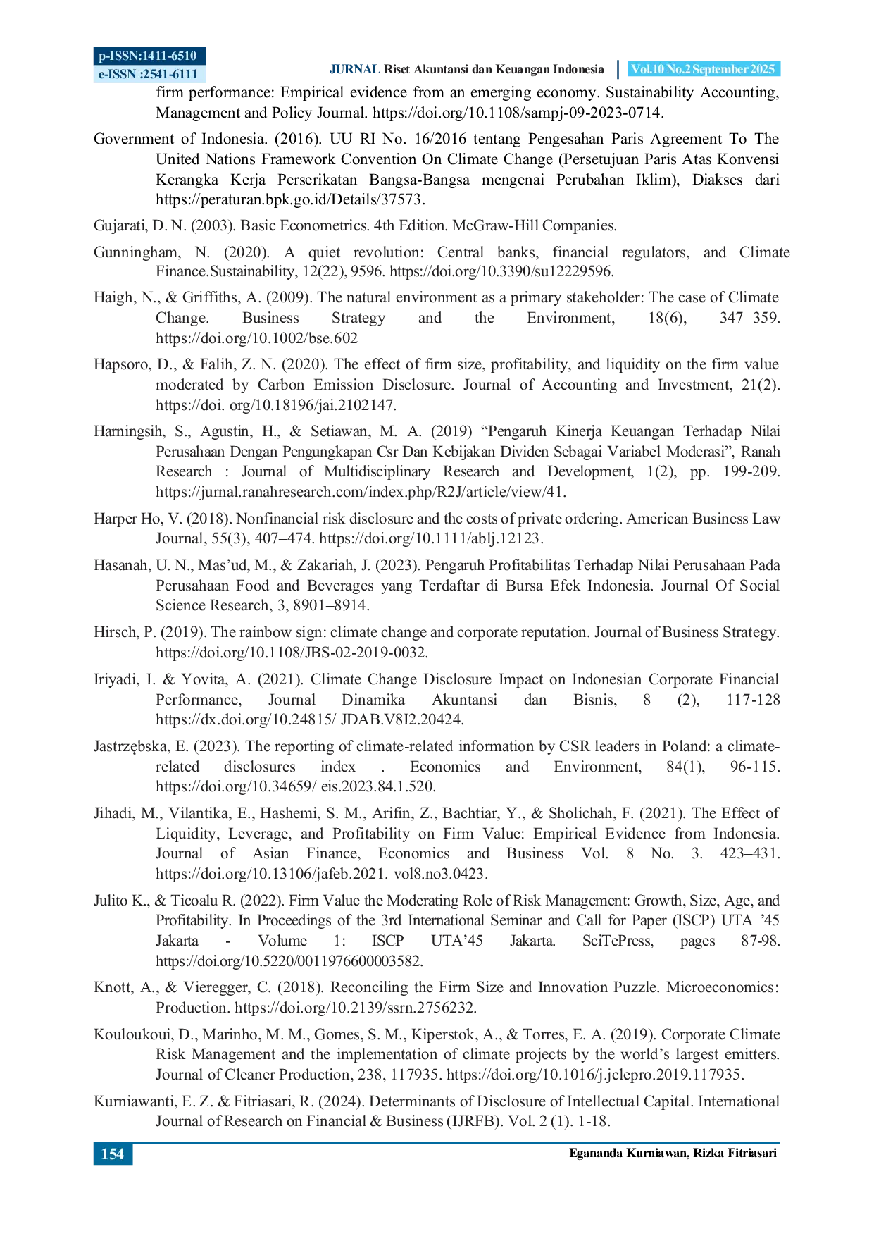 JURIS The Effect of Corporate Financial Performance Firm Size and Firm Age on Firm Value with Climate Change Disclosure as a Moderator