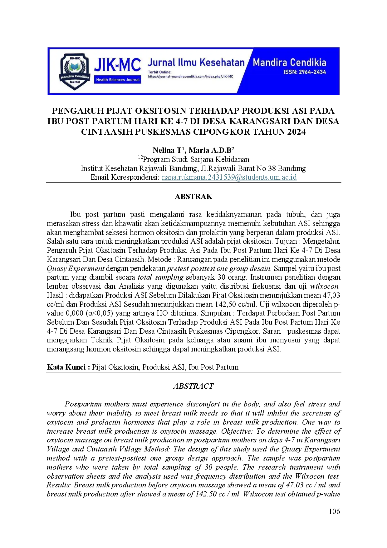 juris Pengaruh Pijat Oksitosin Terhadap Produksi ASI Pada Ibu Post Partum Hari Ke 4 7 Di Desa Karangsari Dan Desa Cintaasih Puskesmas Cipongkor Tahun 2024