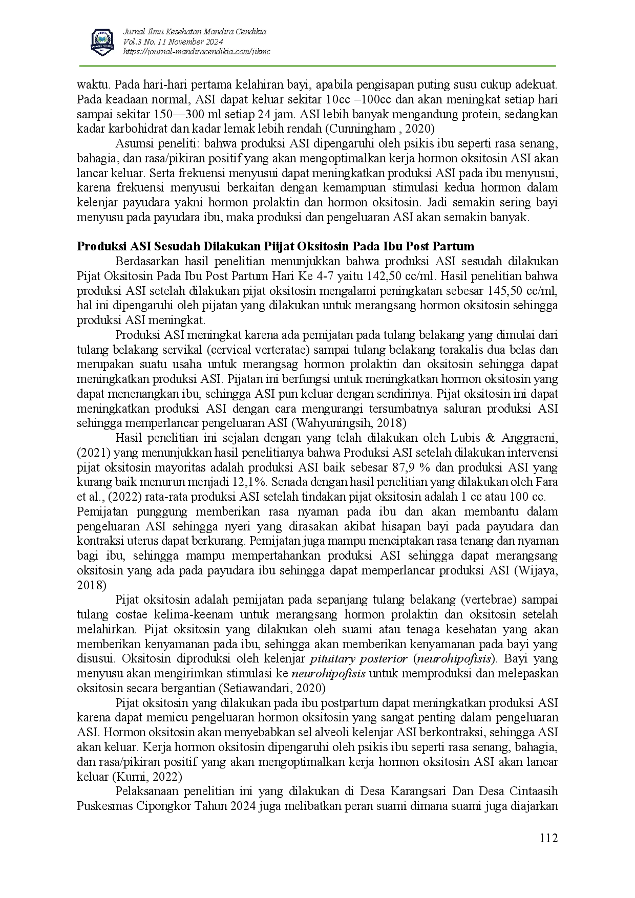 juris Pengaruh Pijat Oksitosin Terhadap Produksi ASI Pada Ibu Post Partum Hari Ke 4 7 Di Desa Karangsari Dan Desa Cintaasih Puskesmas Cipongkor Tahun 2024