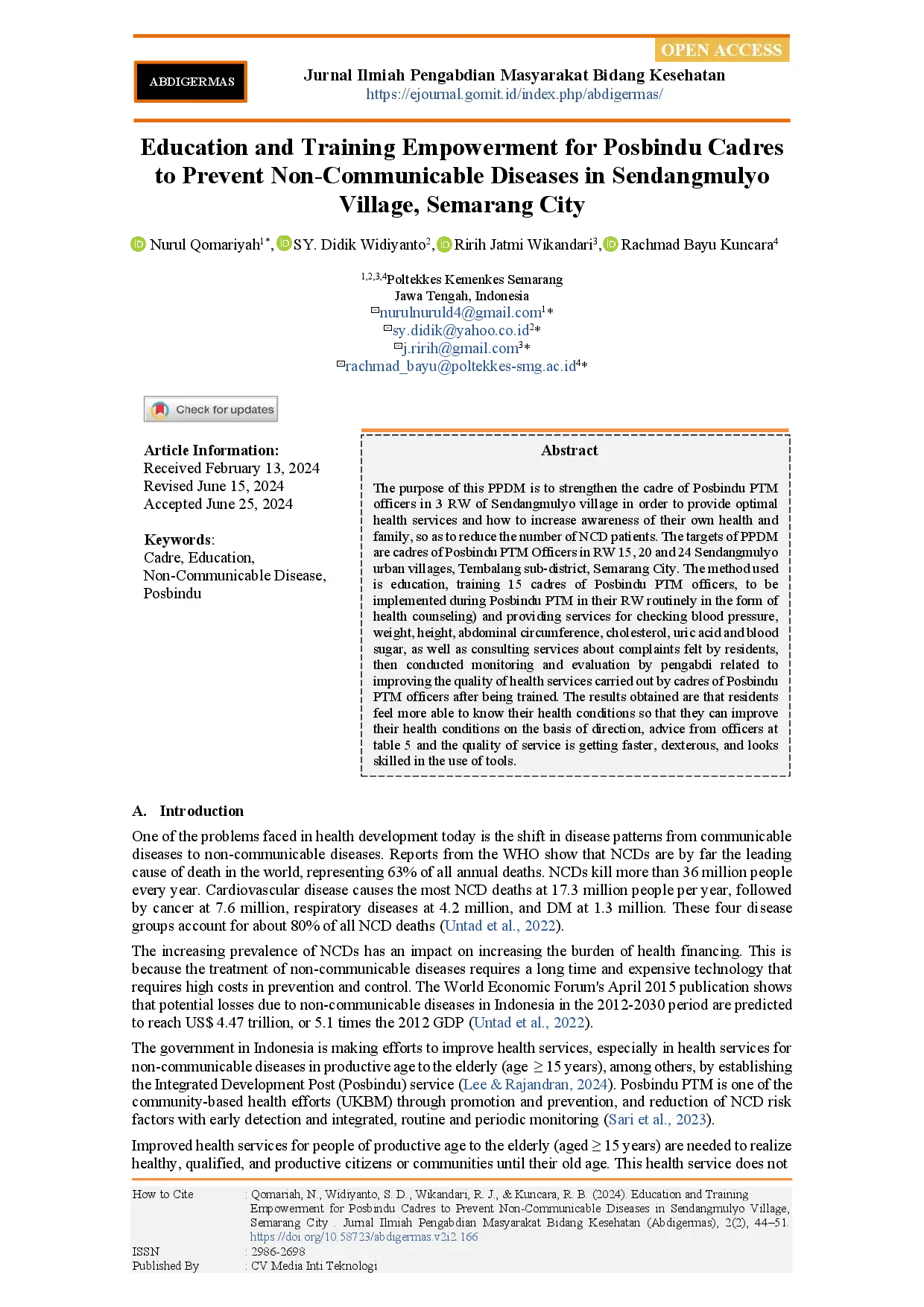 juris Education And Training Empowerment For Posbindu Cadres To Prevent Non Communicable Diseases In Sendangmulyo Village Semarang City