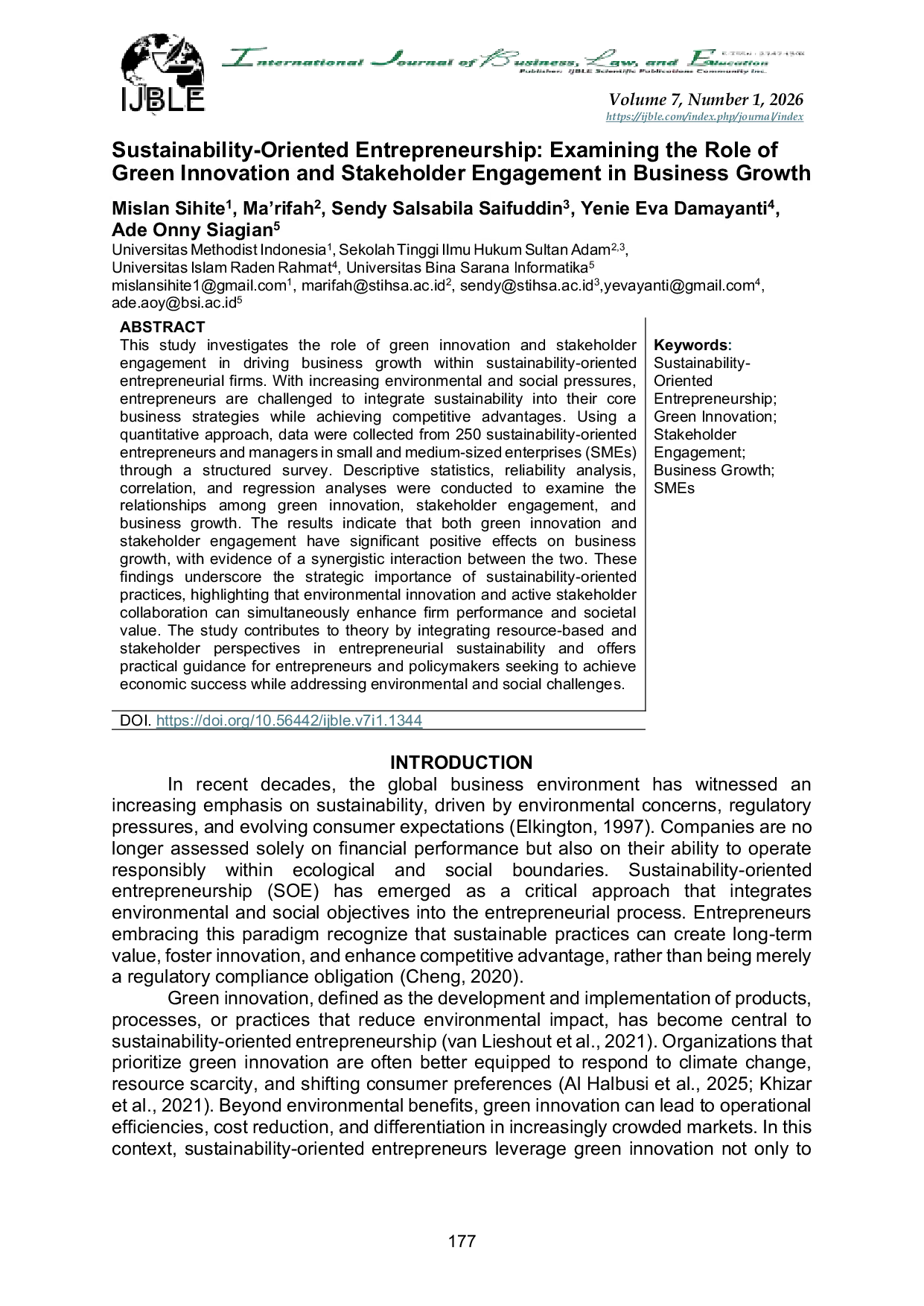 JURIS Sustainability Oriented Entrepreneurship Examining the Role of Green Innovation and Stakeholder Engagement in Business Growth