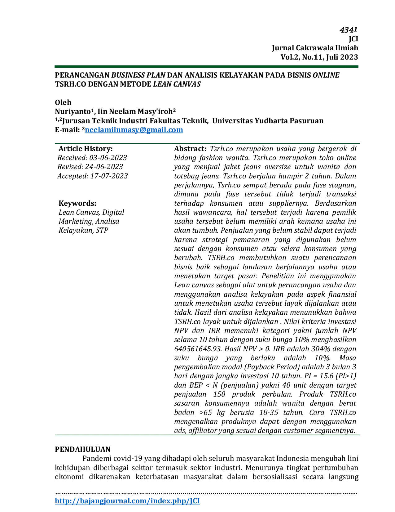JURIS Perancangan Business Plan Dan Analisis Kelayakan Pada Bisnis Online Tsrh Co Dengan Metode Lean Canvas