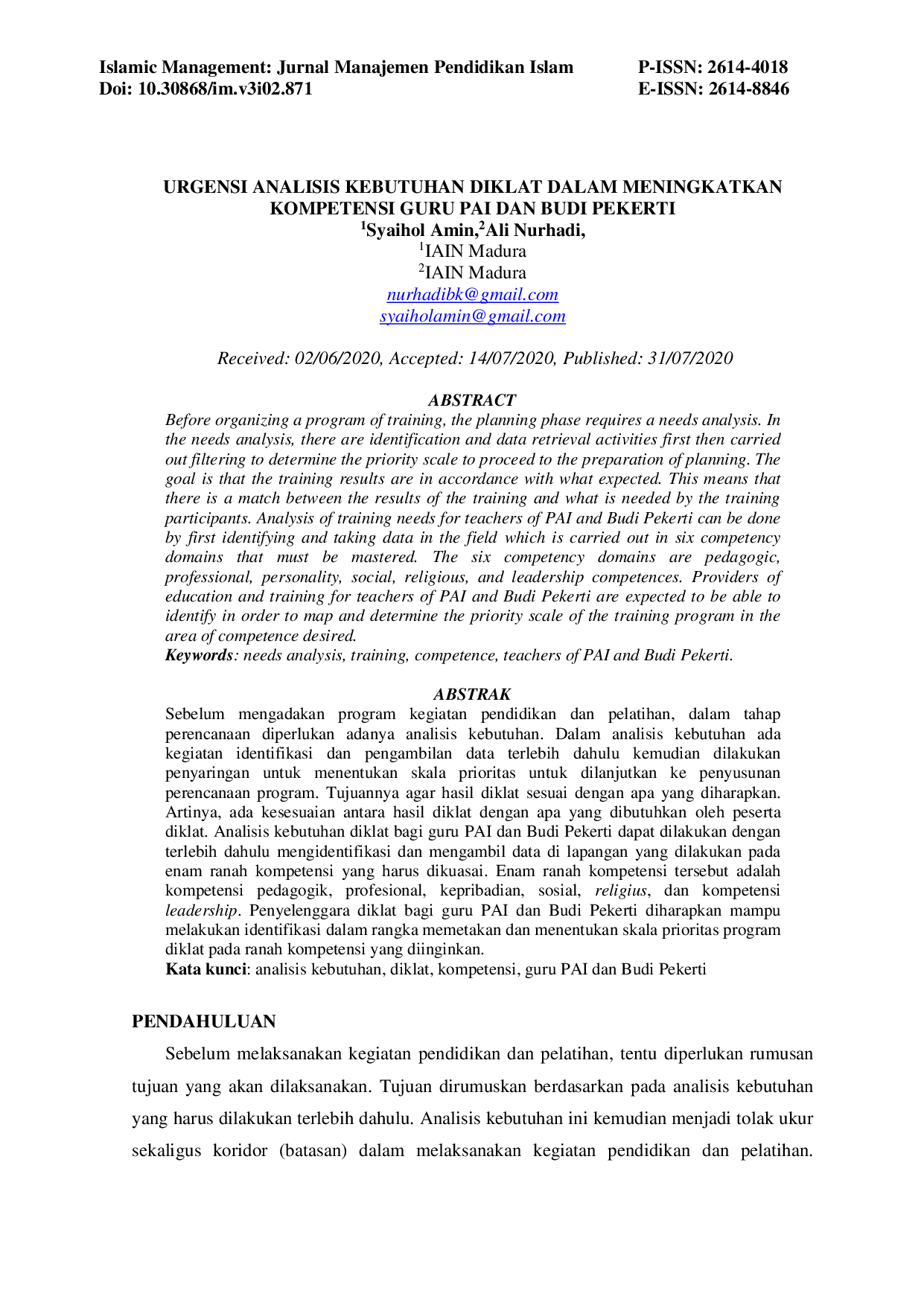 JURIS Urgensi Analisis Kebutuhan Diklat dalam Meningkatkan Kompetensi Guru PAI dan Budi Pekerti