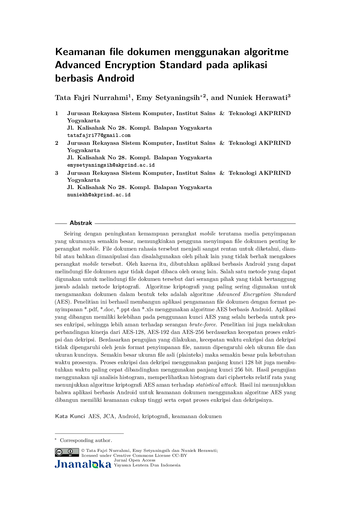 JURIS Keamanan file dokumen menggunakan algoritme Advanced Encryption Standard pada aplikasi berbasis Android