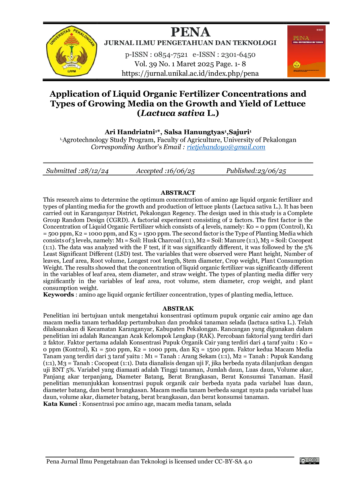 JURIS Aplikasi Konsentrasi Pupuk Organik Cair dan Macam Media Tanam terhadap Pertumbuhan dan Produksi Tanaman Selada Lactuca sativa L