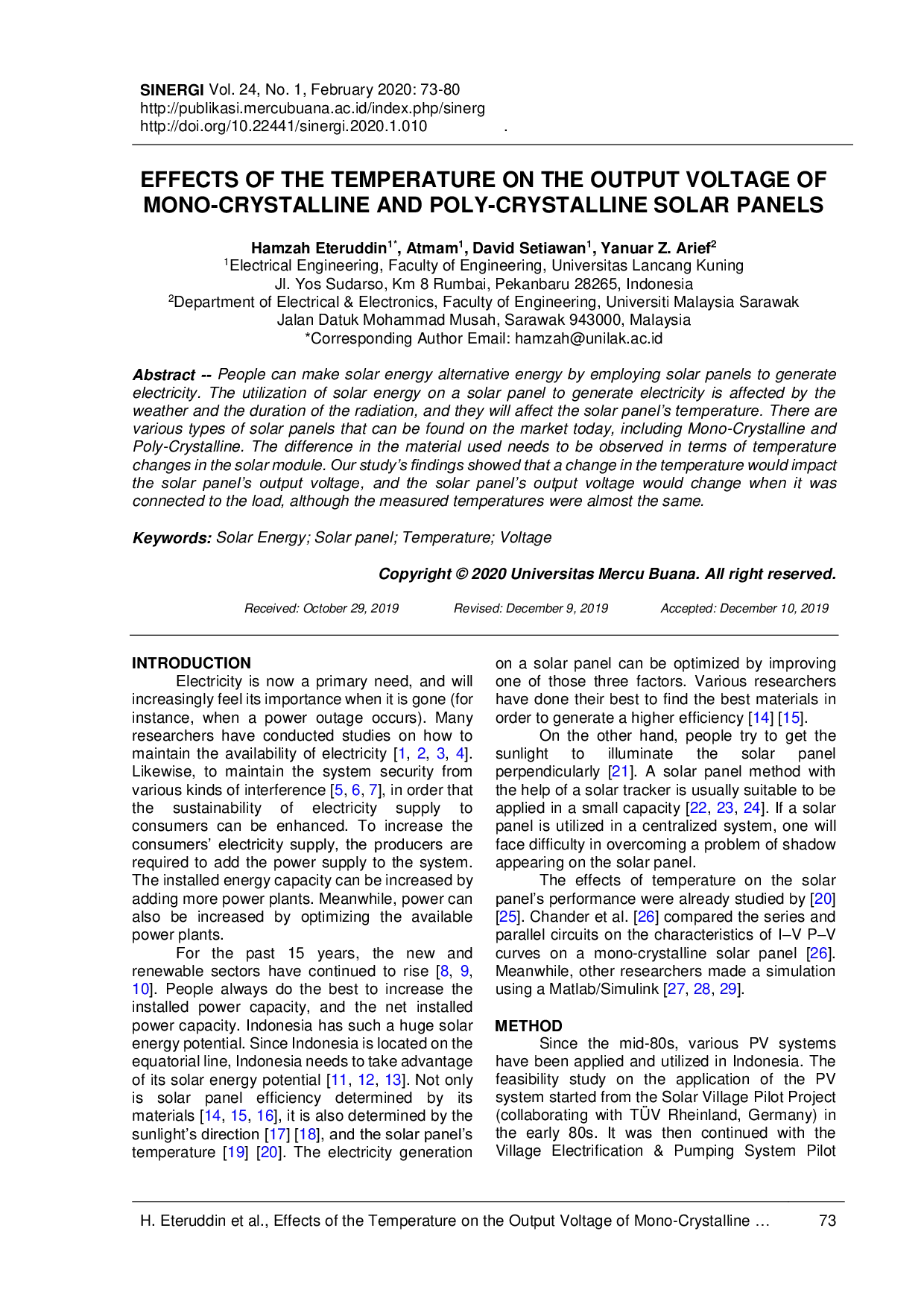 JURIS Effects Of The Temperature On The Output Voltage Of Mono Crystalline And Poly Crystalline Solar Panels