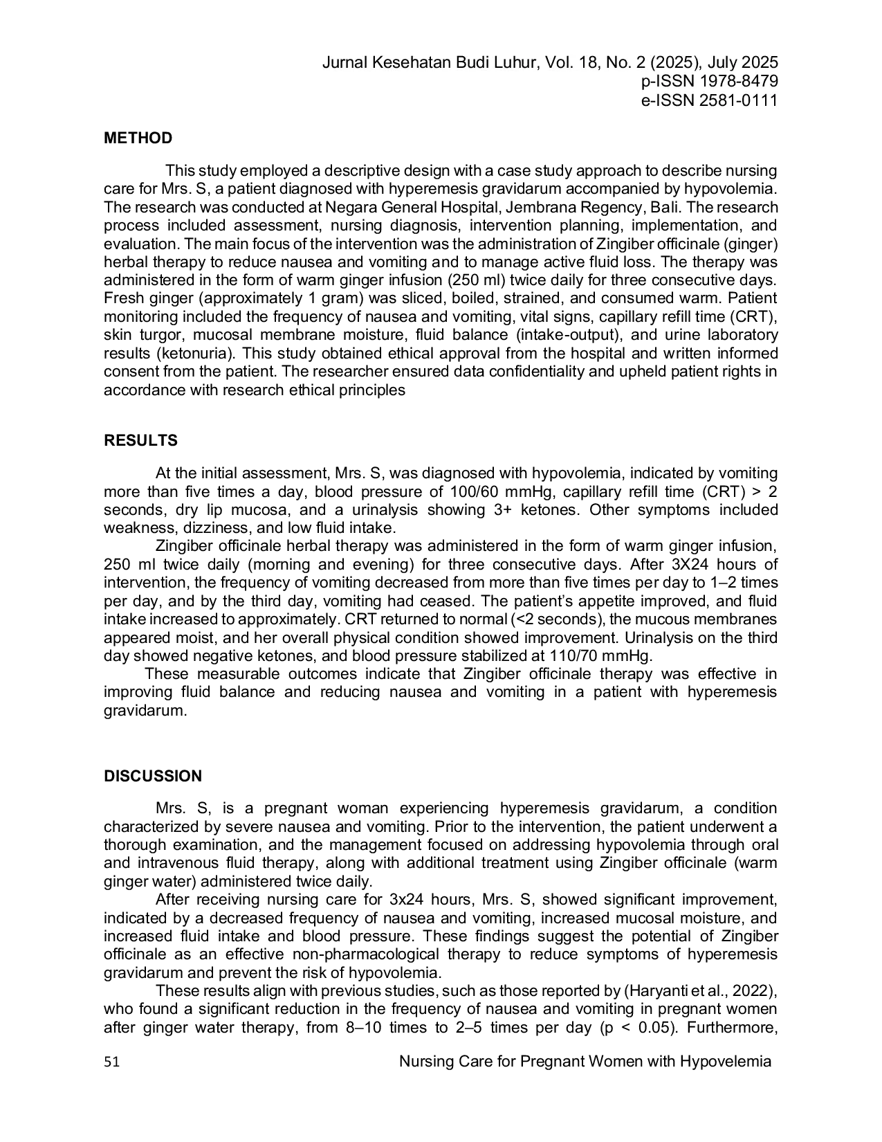JURIS Nursing Care for Pregnant Women with Hypovelemia Due to Hyperemesis Gravidarum Using Zingiber Officinale Herbal Therapy