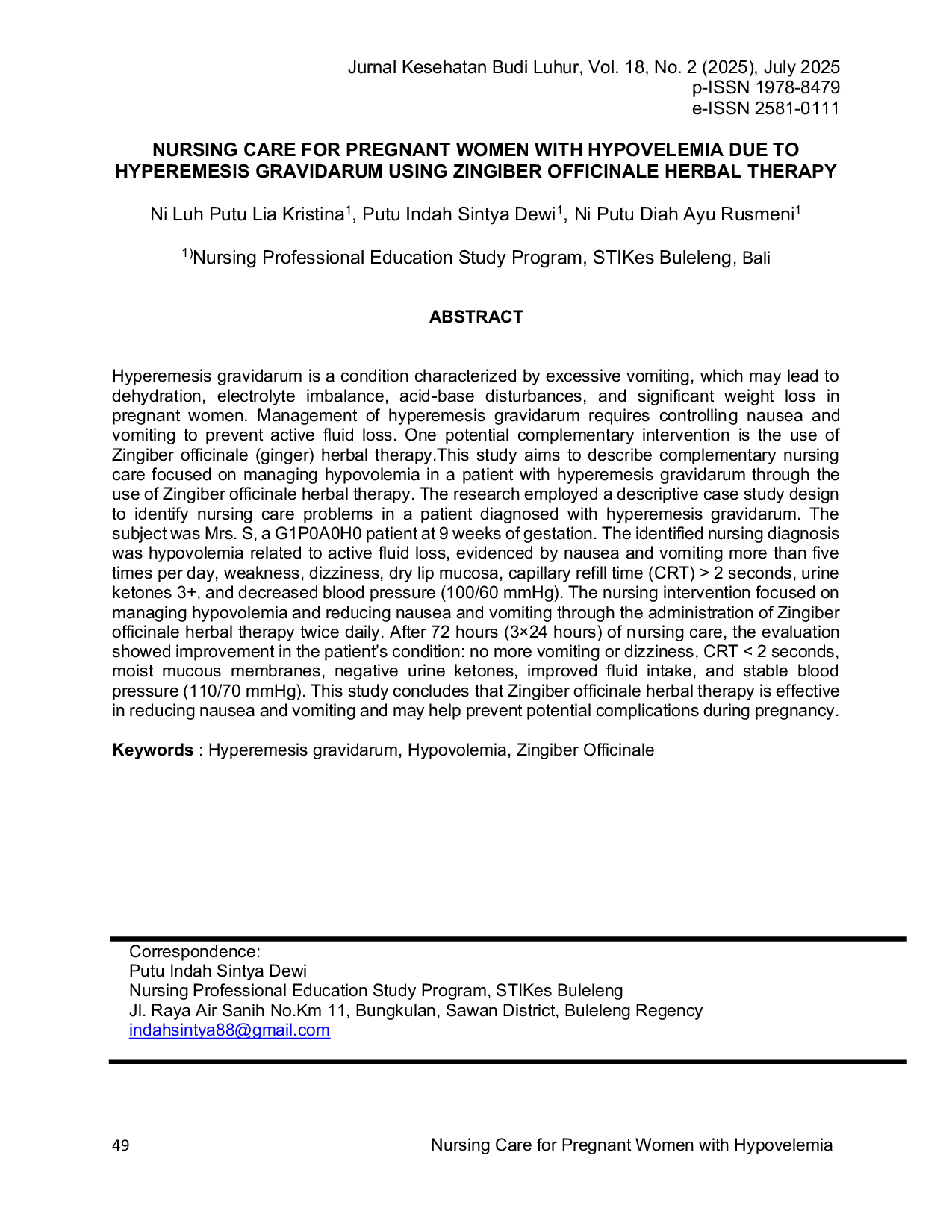JURIS Nursing Care for Pregnant Women with Hypovelemia Due to Hyperemesis Gravidarum Using Zingiber Officinale Herbal Therapy