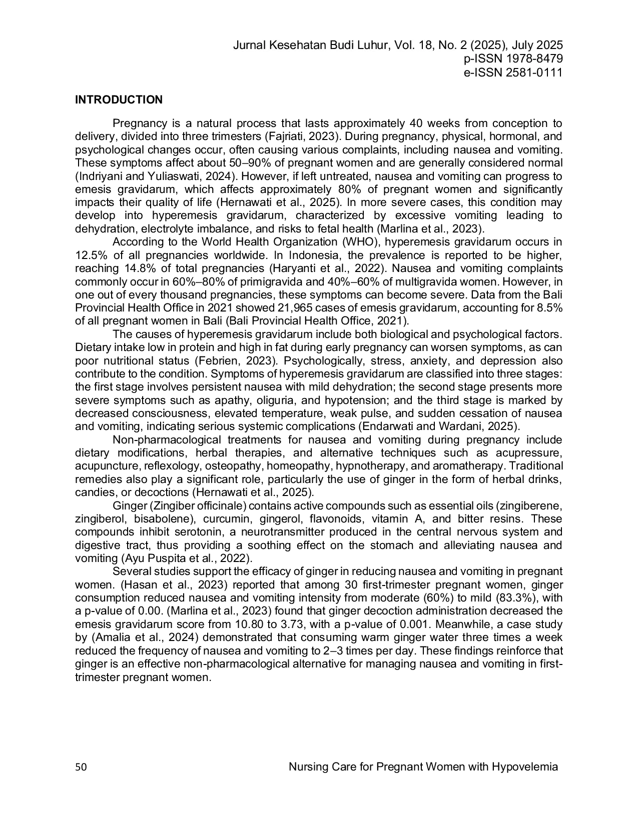JURIS Nursing Care for Pregnant Women with Hypovelemia Due to Hyperemesis Gravidarum Using Zingiber Officinale Herbal Therapy