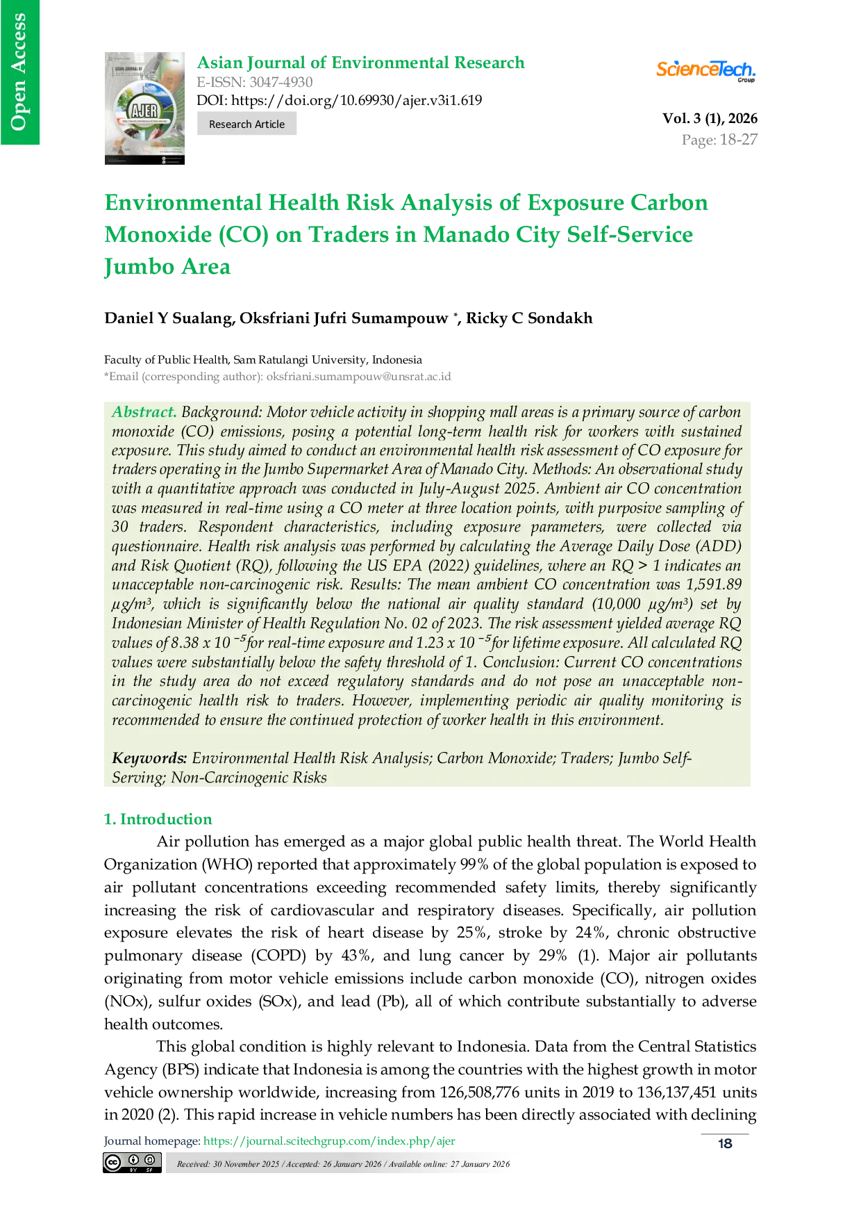 JURIS Environmental Health Risk Analysis of Exposure Carbon Monoxide CO on Traders in Manado City Self Service Jumbo Area