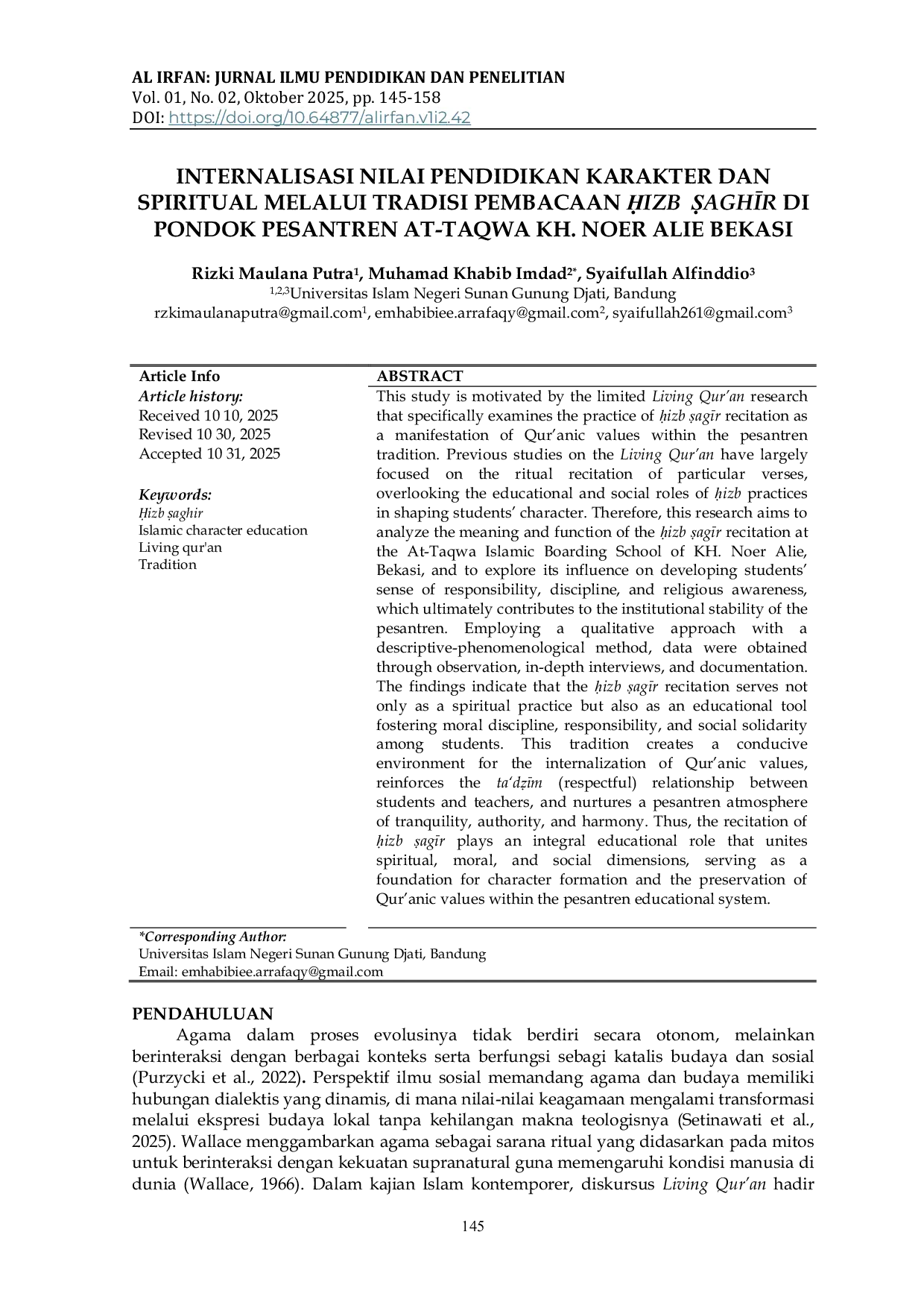 JURIS Internalisasi Nilai Pendidikan Karakter dan Spiritual Melalui Tradisi Pembacaan izb aghr di Pondok Pesantren At Taqwa Kh Noer Alie Bekasi