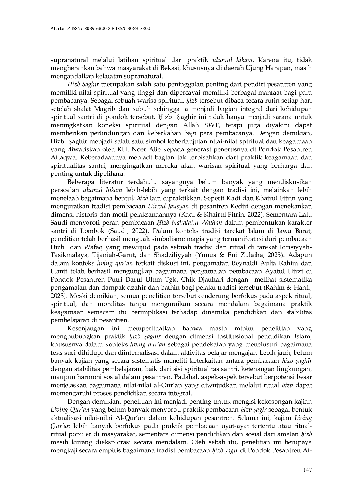 JURIS Internalisasi Nilai Pendidikan Karakter dan Spiritual Melalui Tradisi Pembacaan izb aghr di Pondok Pesantren At Taqwa Kh Noer Alie Bekasi