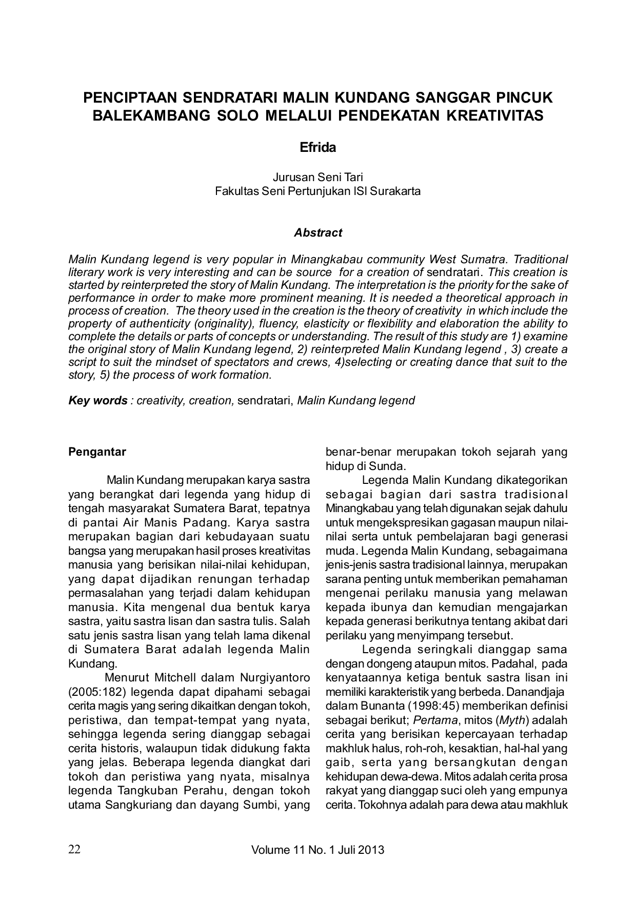 JURIS Penciptaan Sendratari Malin Kundang Sanggar Pincuk Balekambang Solo Melalui Pendekatan Kreativitas