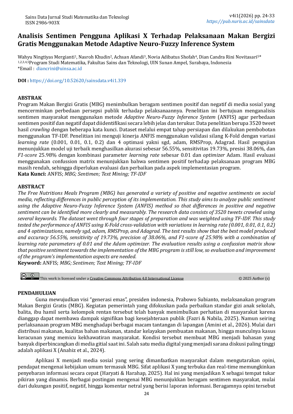 JURIS Analisis Sentimen Pengguna Aplikasi X Terhadap Pelaksanaan Makan Bergizi Gratis Menggunakan Metode Adaptive Neuro Fuzzy Inference System
