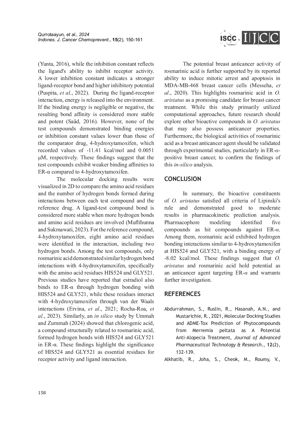 JURIS Rosmarinic Acid from Orthosiphon aristatus Potentially Targets Estrogen Receptor Alpha in Breast Cancer In silico Study