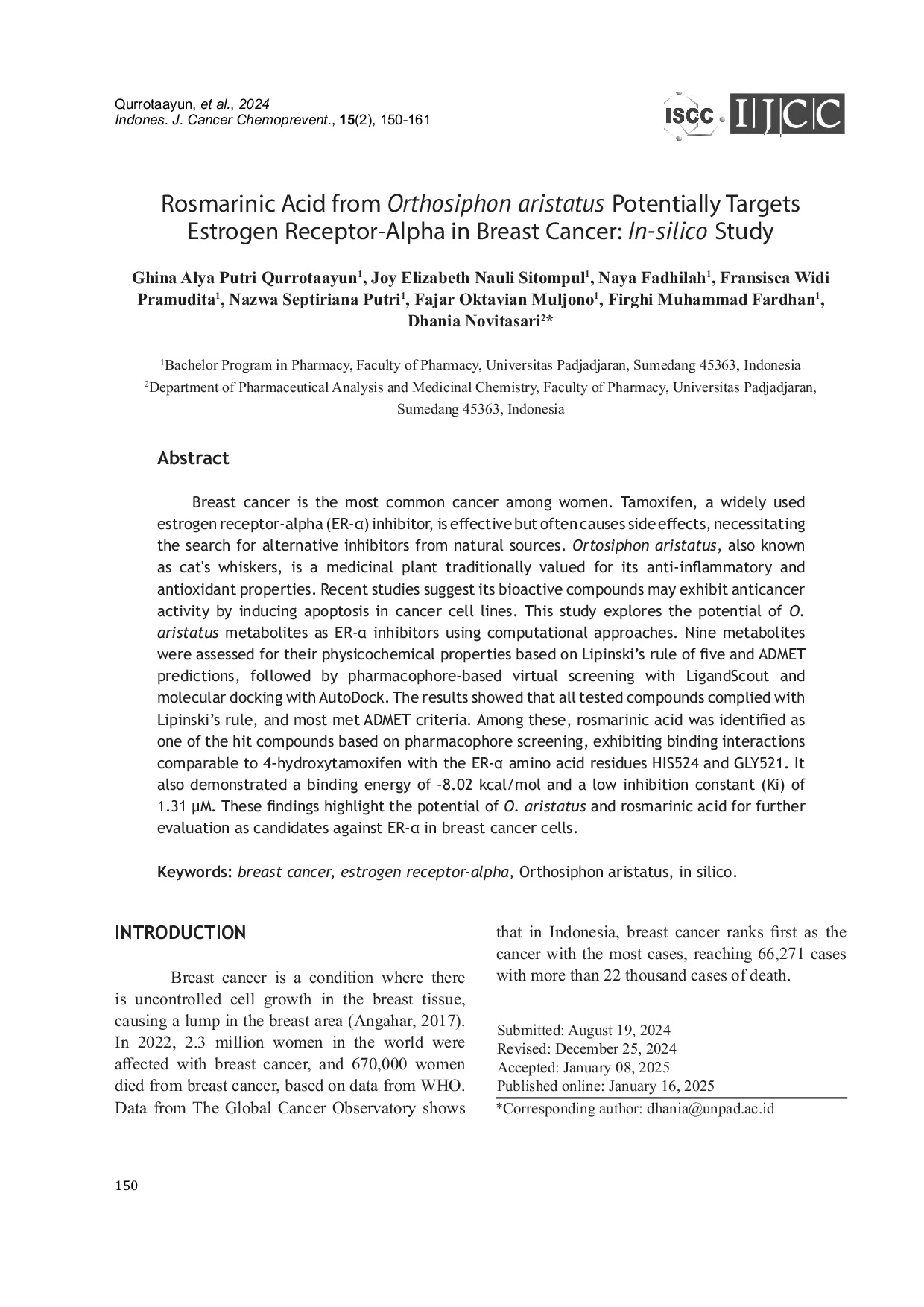 JURIS Rosmarinic Acid from Orthosiphon aristatus Potentially Targets Estrogen Receptor Alpha in Breast Cancer In silico Study
