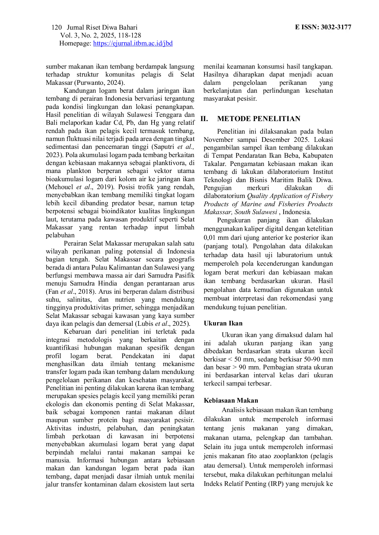 JURIS Akumulasi Logam Berat Merkuri pada Ikan Tembang Sardinella fimbriata Valenciennes 1847 Ditinjau dari Kebiasaan Makan di Perairan Selat Makassar