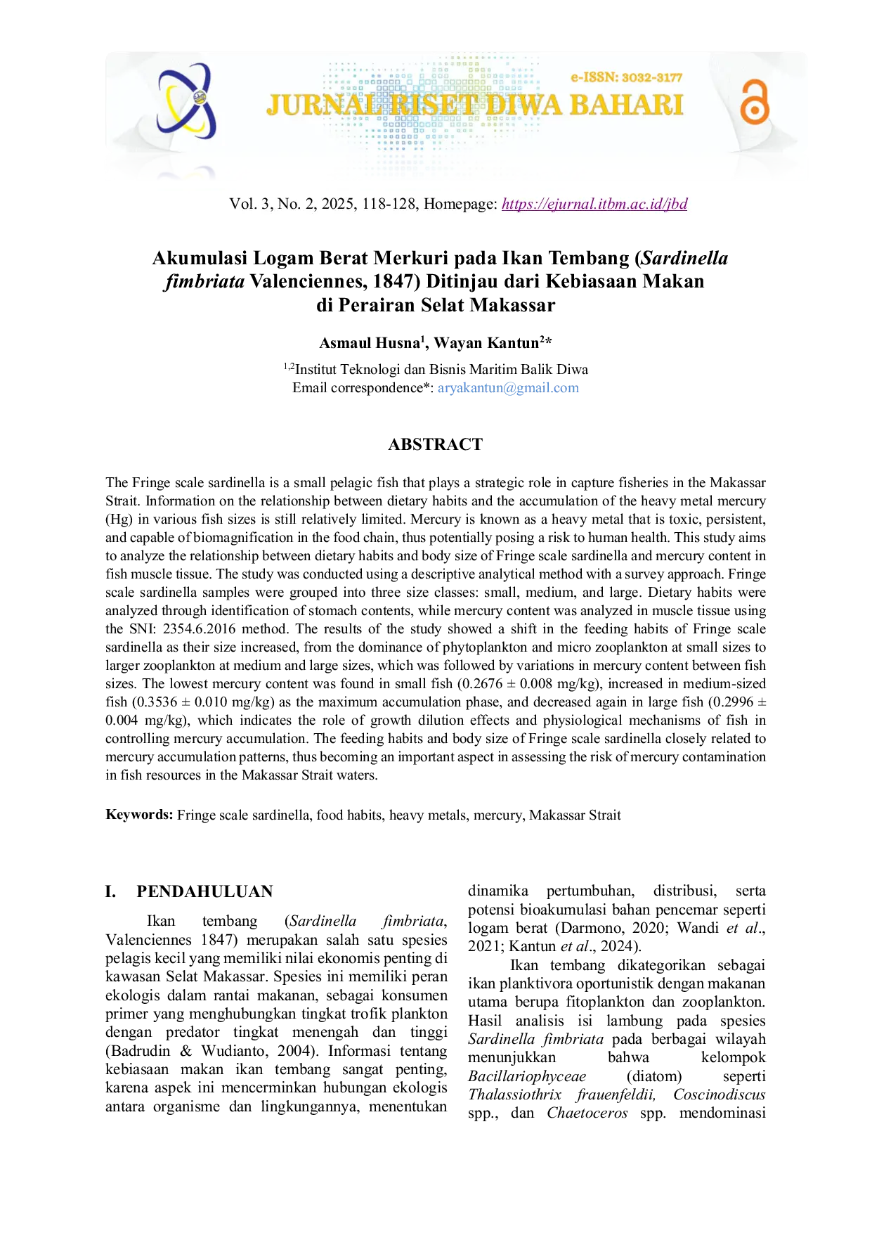 JURIS Akumulasi Logam Berat Merkuri pada Ikan Tembang Sardinella fimbriata Valenciennes 1847 Ditinjau dari Kebiasaan Makan di Perairan Selat Makassar