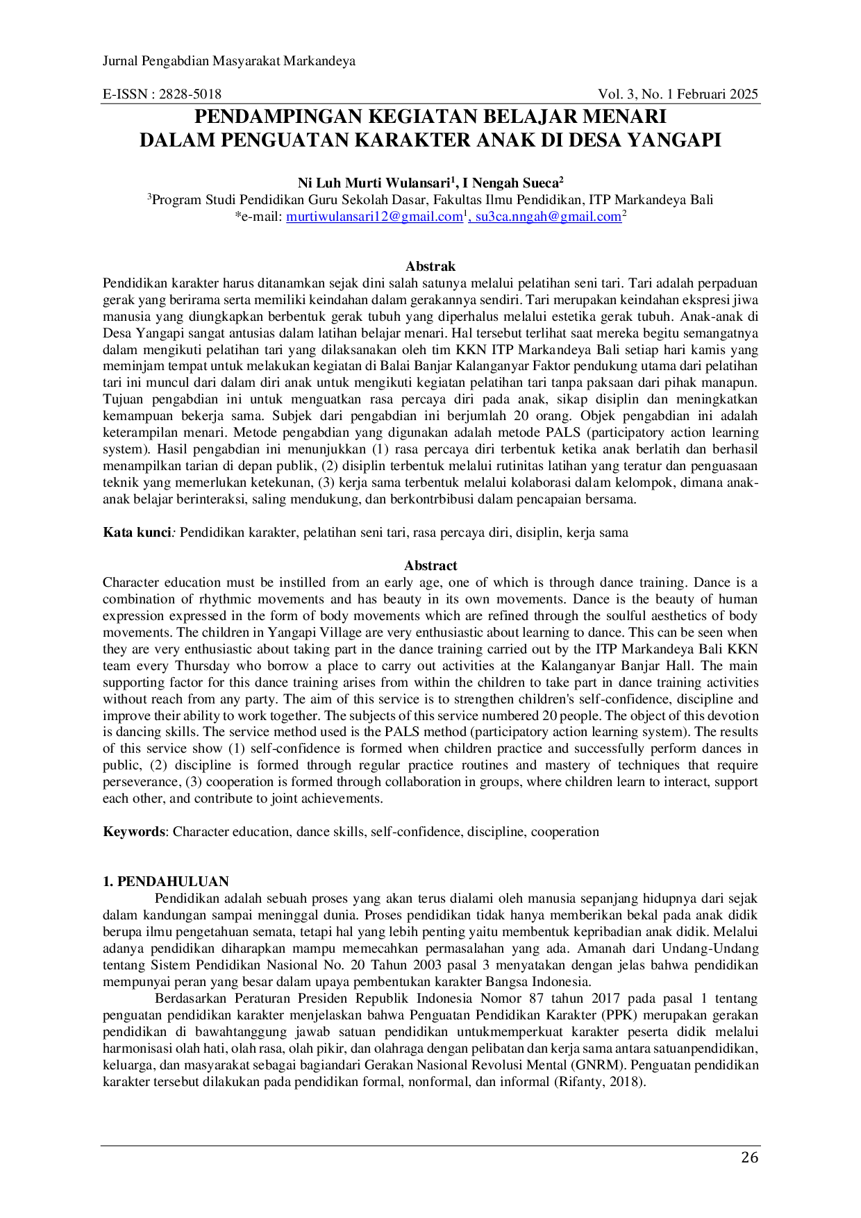 JURIS Pendampingan Kegiatan Belajar Menari dalam Penguatan Karakter Anak di Desa Yangapi