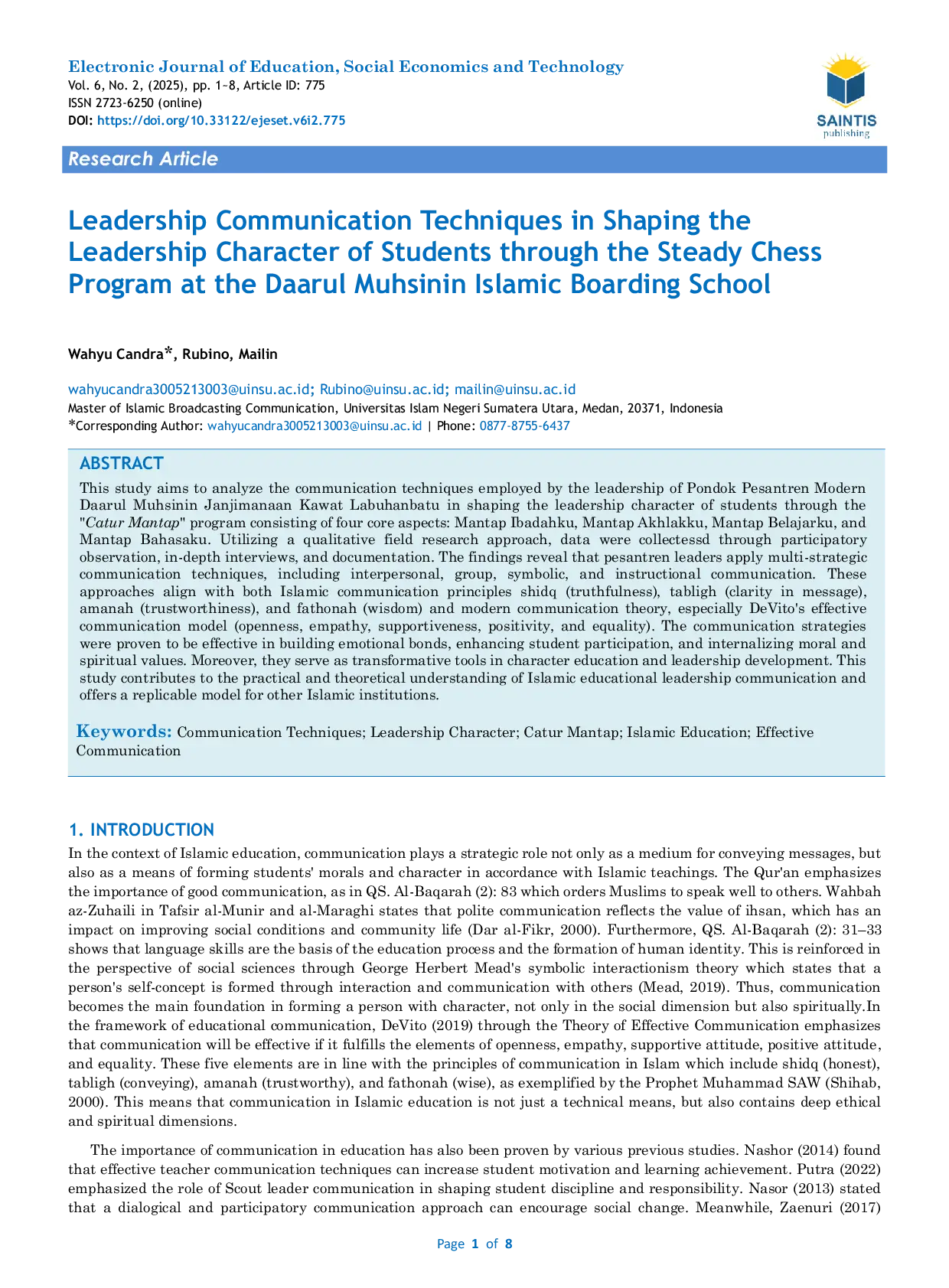 JURIS Leadership Communication Techniques in Shaping the Leadership Character of Students through the Steady Chess Program at the Daarul Muhsinin Islamic Boarding School