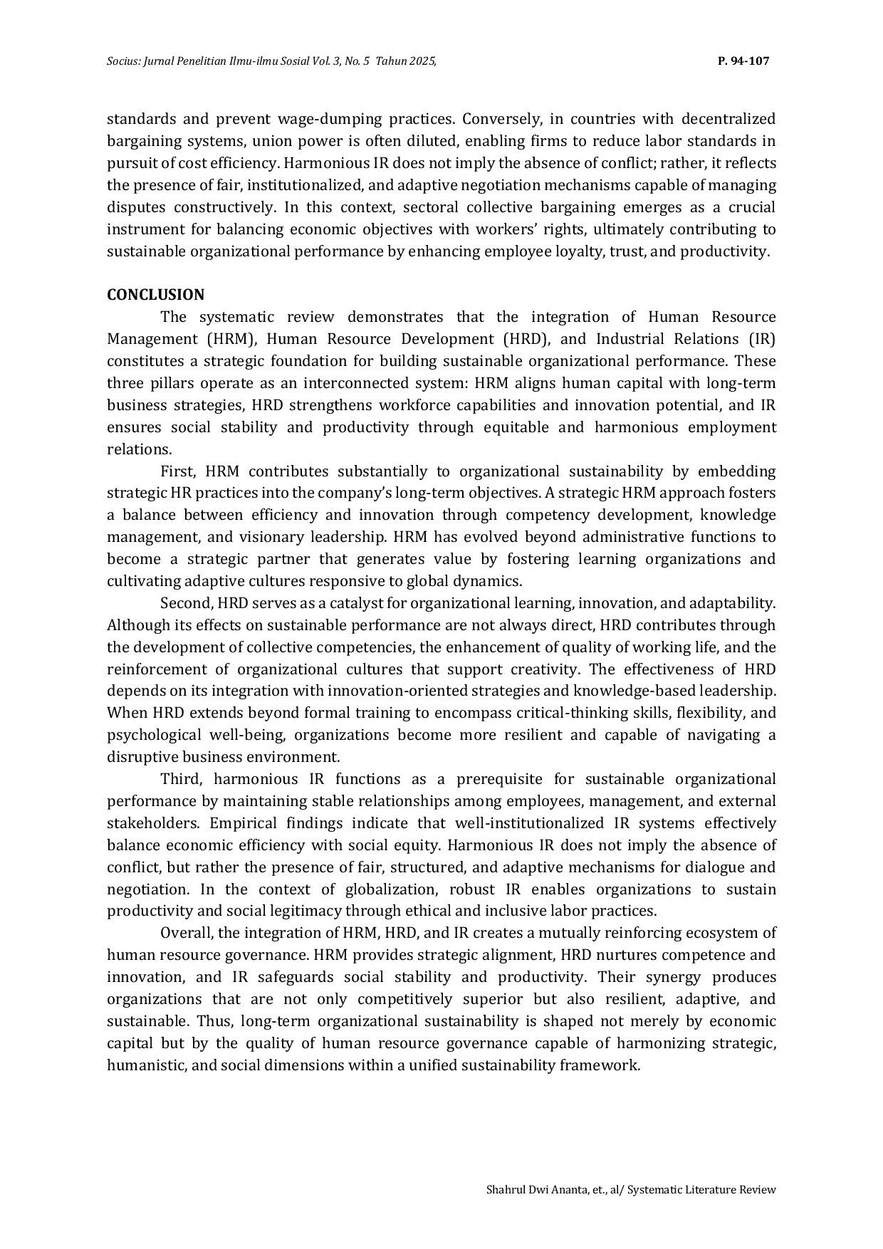 JURIS Systematic Literature Review Integrating Human Resource Management HRM Human Resource Development HRD and Industrial Relations IR in Fostering Sustainable Organizational Performance