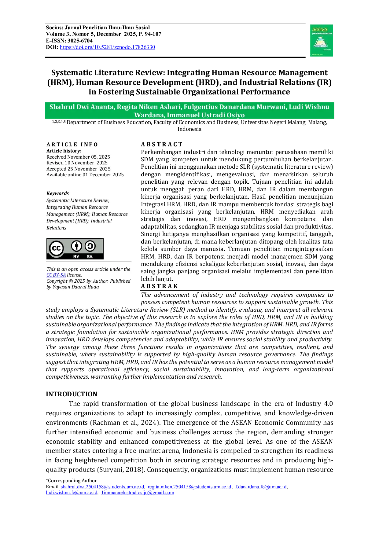 JURIS Systematic Literature Review Integrating Human Resource Management HRM Human Resource Development HRD and Industrial Relations IR in Fostering Sustainable Organizational Performance