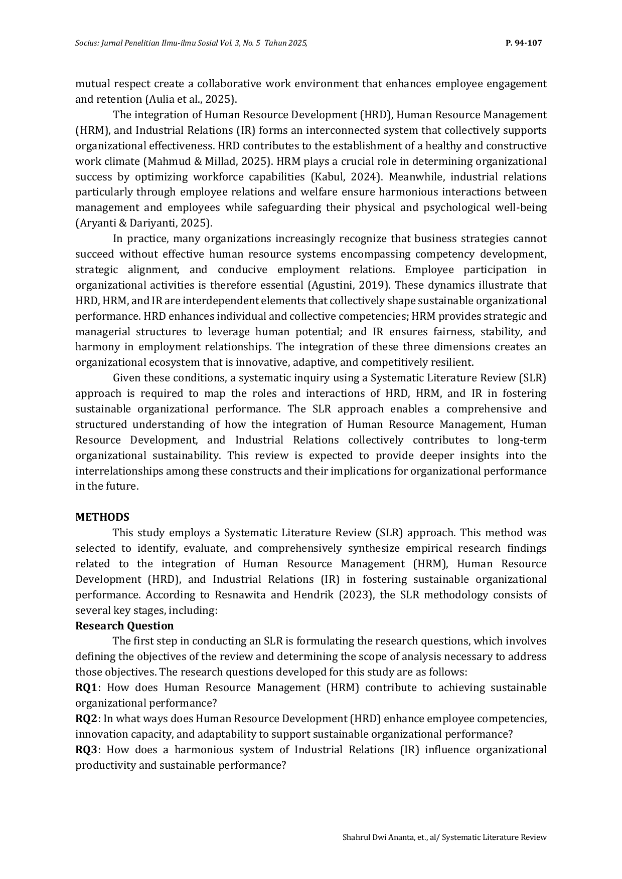 JURIS Systematic Literature Review Integrating Human Resource Management HRM Human Resource Development HRD and Industrial Relations IR in Fostering Sustainable Organizational Performance