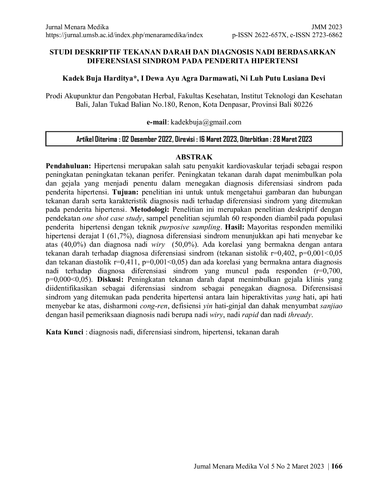 JURIS Studi Deskriptif Tekanan Darah dan Diagnosis Nadi Berdasarkan Diferensiasi Sindrom pada Penderita Hipertensi