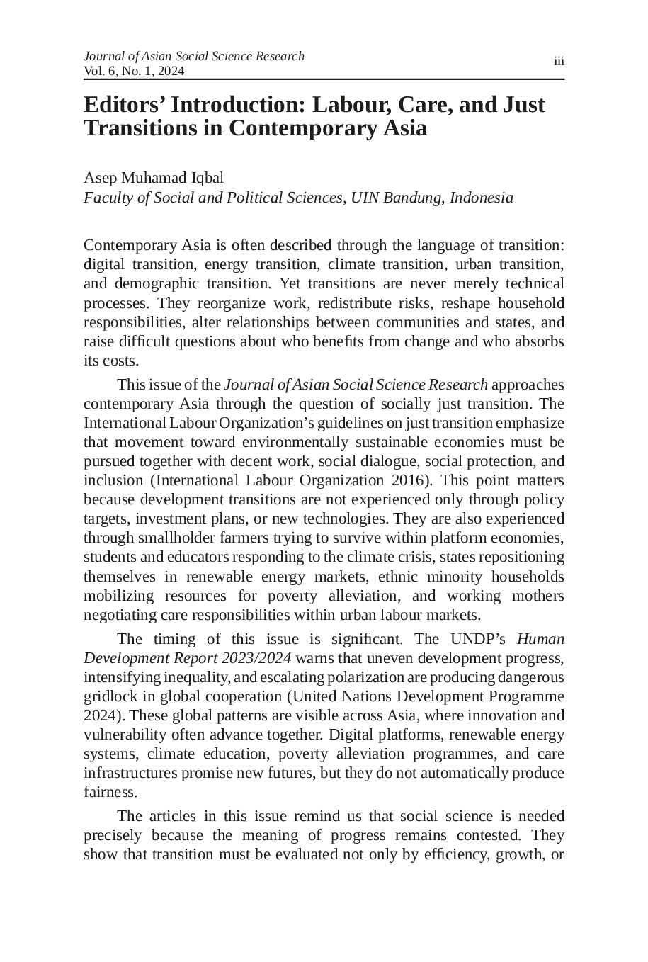 JURIS Editors Introduction Labour Care and Just Transitions in Contemporary Asia