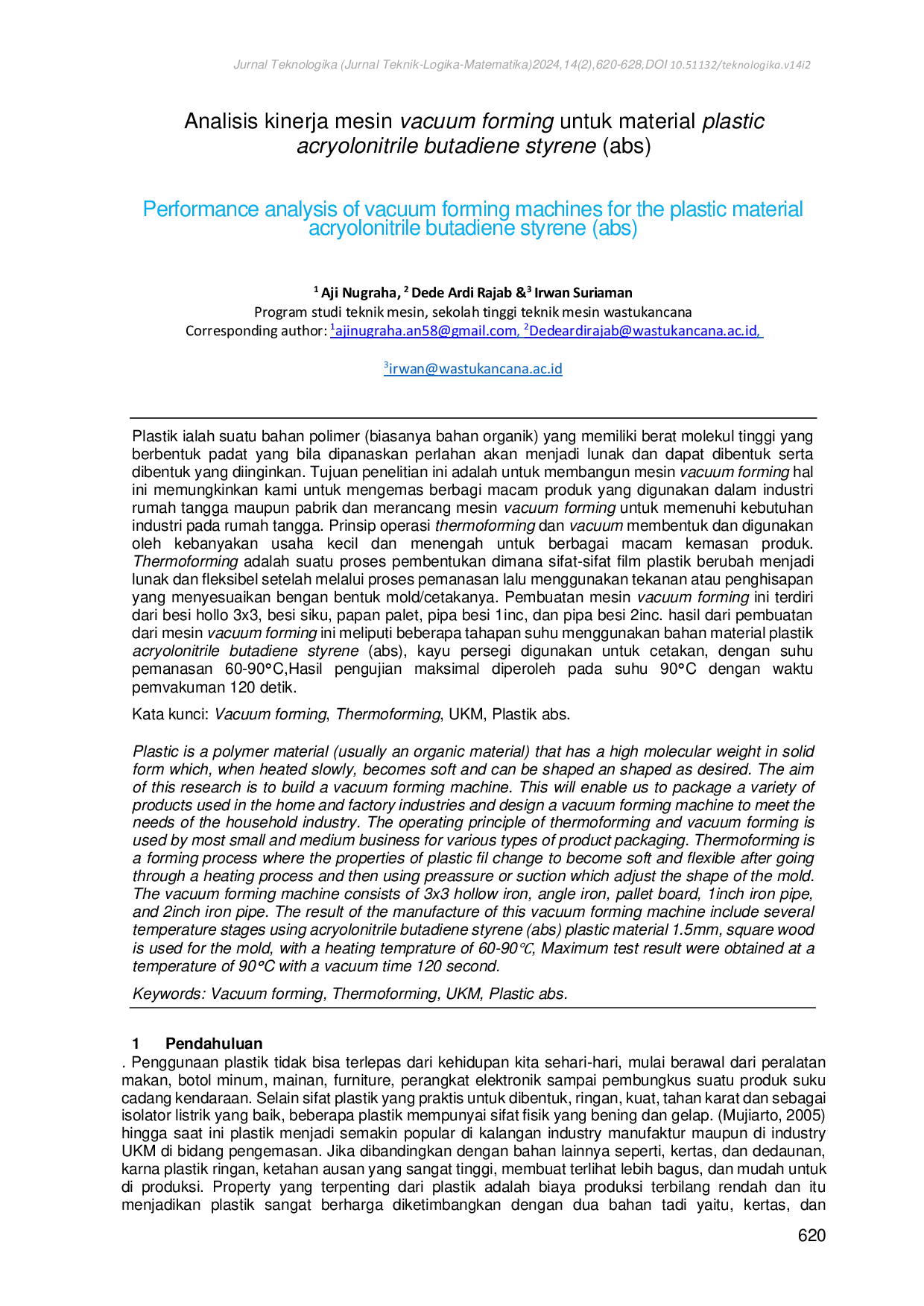 JURIS Performance analysis of vacuum forming machines for the plastic material acryolonitrile butadiene styrene abs