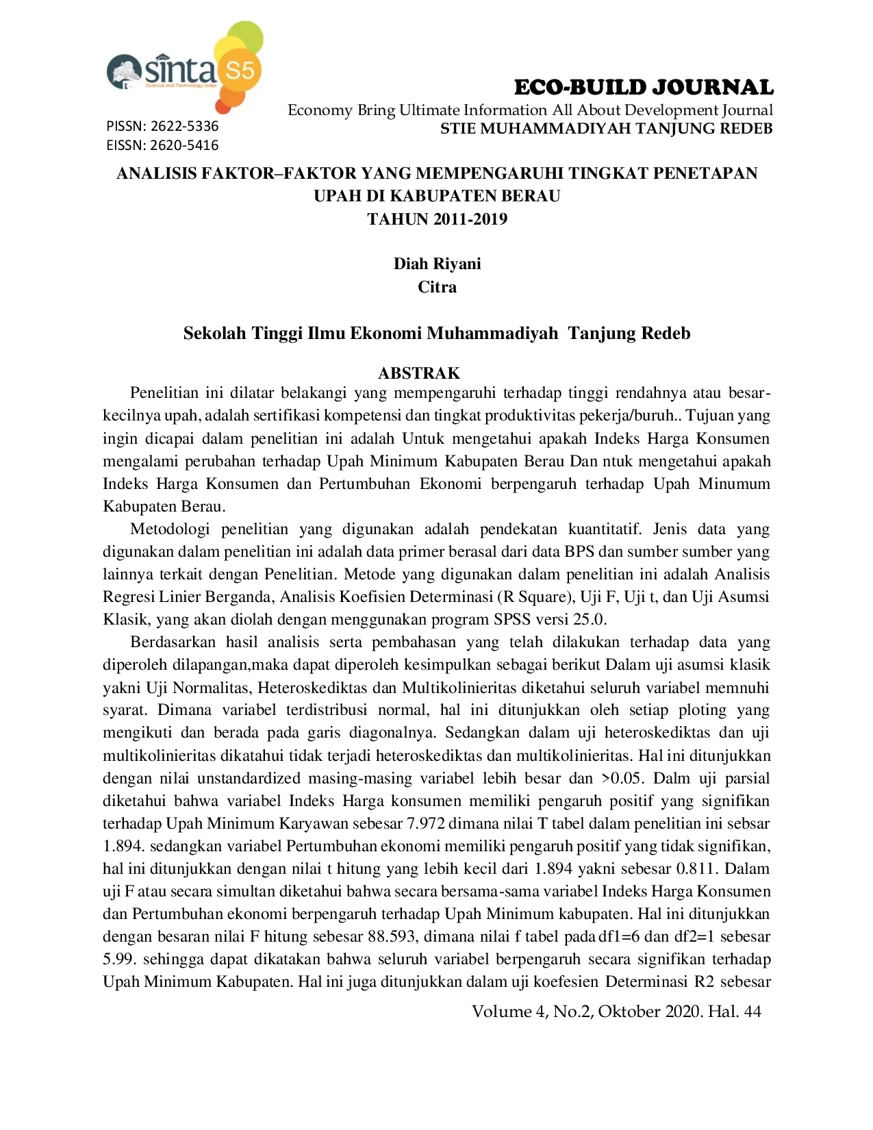 JURIS Analisis Faktor Faktor yang Mempengaruhi Tingkat Penetapan Upah di Kabupaten Berau Tahun 2011 2019