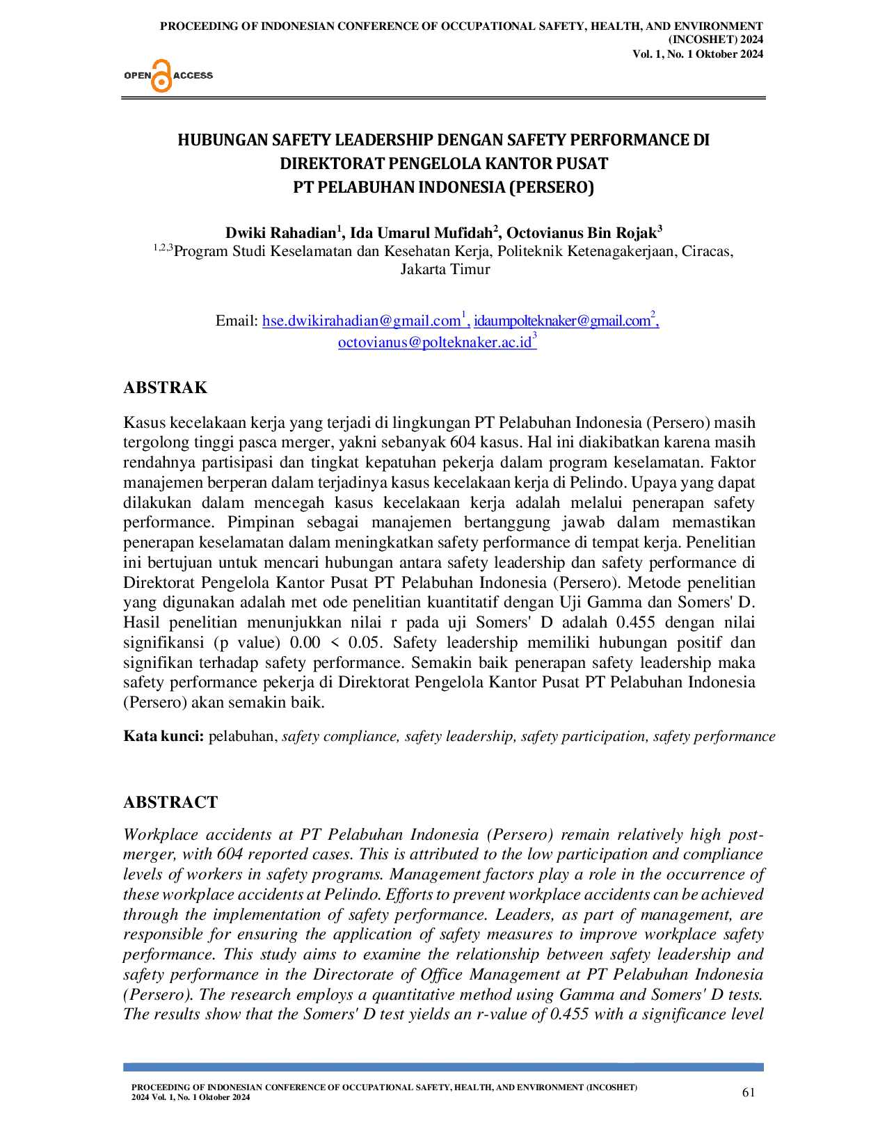 JURIS Hubungan Safety Leadership dengan Safety Performance di Direktorat Pengelola Kantor Pusat PT Pelabuhan Indonesia Persero