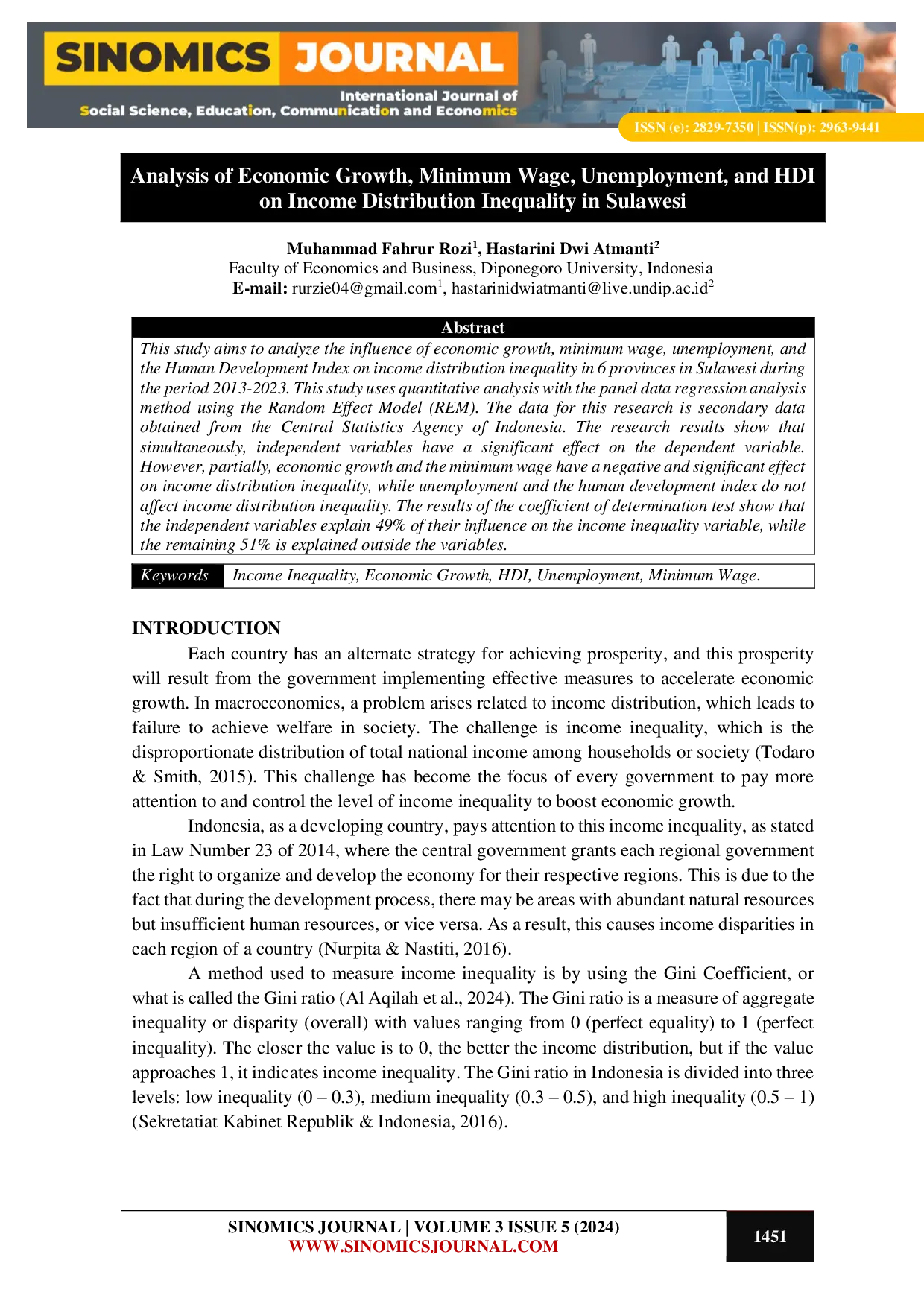 JURIS Analysis of Economic Growth Minimum Wage Unemployment and HDI on Income Distribution Inequality in Sulawesi