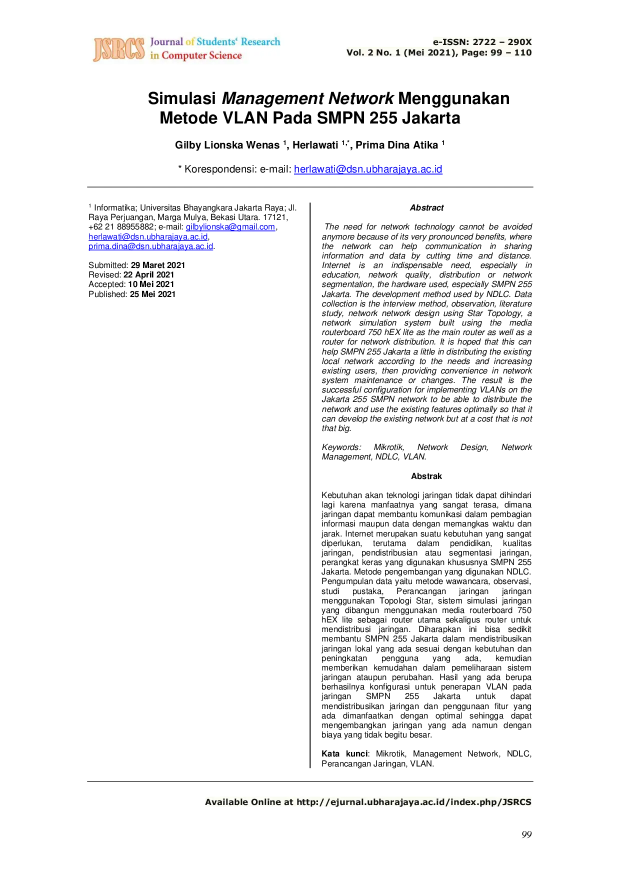 JURIS Simulasi Management Network Menggunakan Metode VLAN Pada SMPN 255 Jakarta