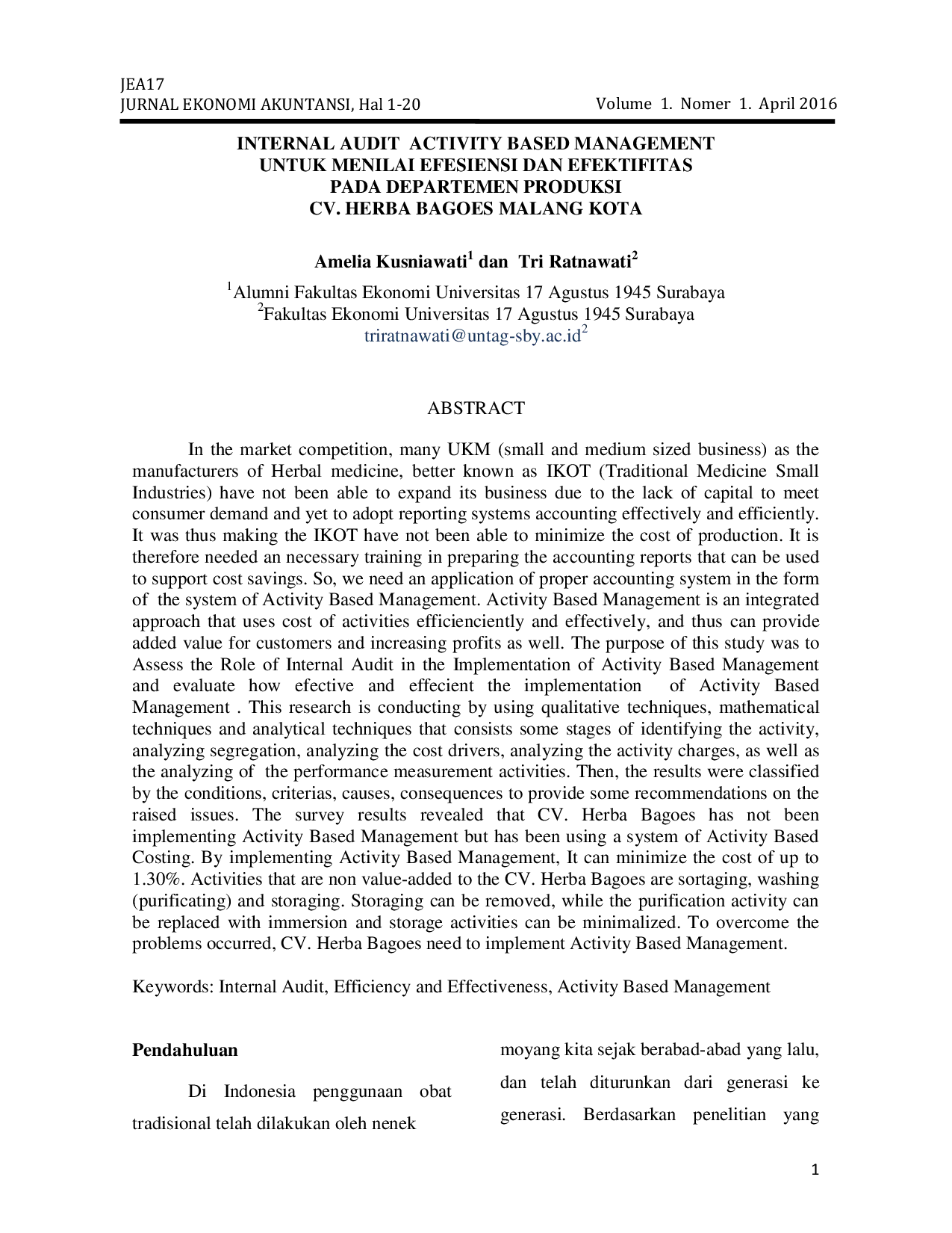 JURIS Internal Audit Activity Based Management Untuk Menilai Efesiensi Dan Efektivitas Pada Departemen Produksi Cv Herba Bagoes Malang Kota