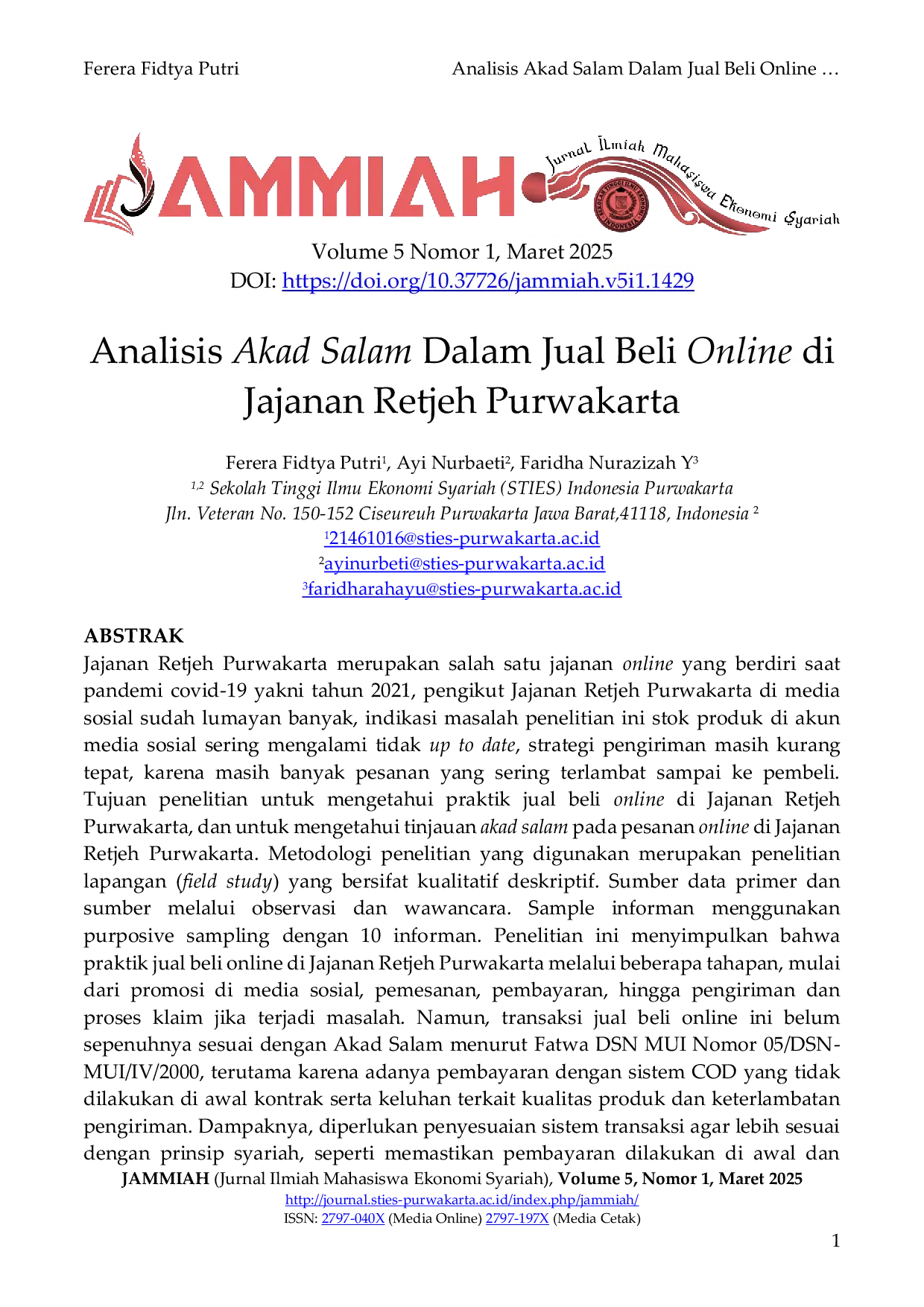 JURIS Analisis Akad Salam Dalam Jual Beli Online di Jajanan Retjeh Purwakarta