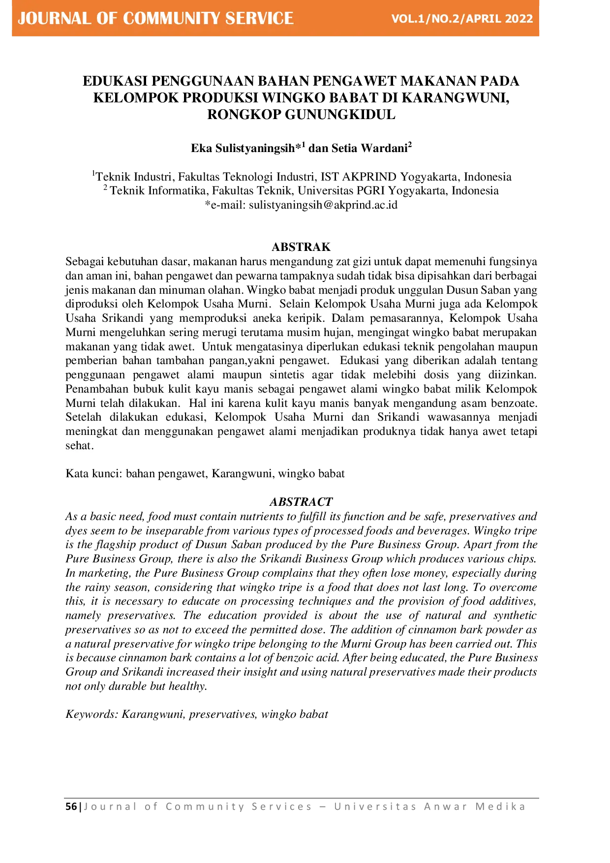 JURIS Edukasi Penggunaan Bahan Pengawet Makanan Pada Kelompok Produksi Wingko Babat Di Karangwuni Rongkop Gunungkidul